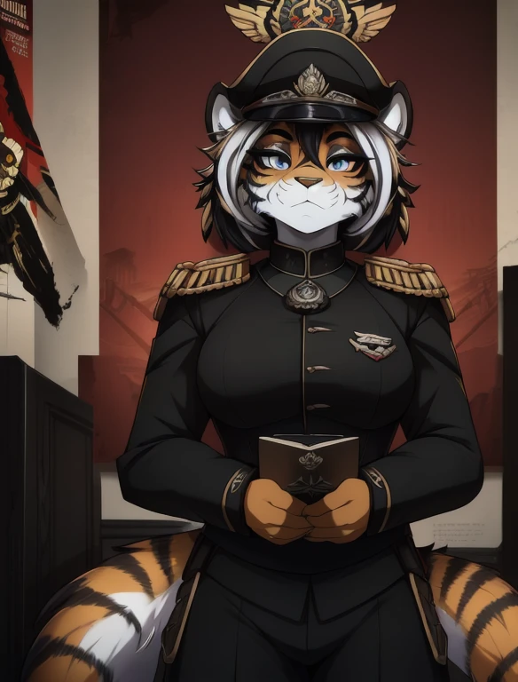 Warhammer_40 thousand_Commissar,((masterpiece)), (Best quality), (detailed), Black uniform, mascara, Eyeliner, eyeshadow, Upper body, pomade, женщина anthro furry tiger, Propaganda poster, wicked, bristle,
 (8k contract, masterpiece, Best quality, High quality, absurdity, ultra-detailed)