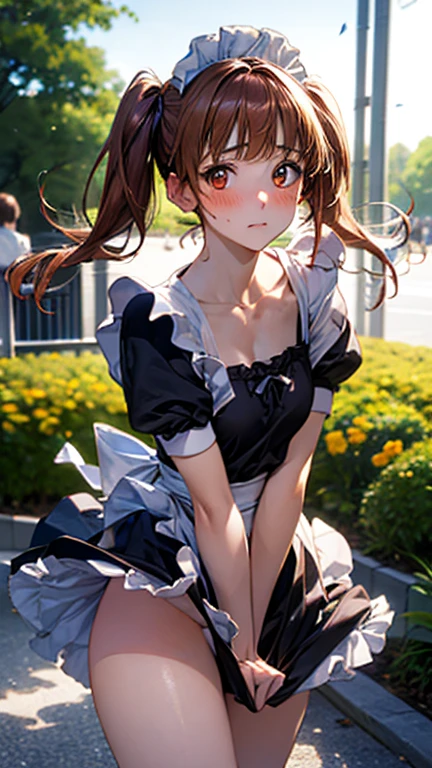 (masterpiece:1.2, top-quality), (realistic, photorealistic:1.4), beautiful illustration, (natural side lighting, movie lighting), , 
(looking at viewer), 1 girl, japanese, high school girl, perfect face, cute and symmetrical face, shiny skin, , 
(middle hair:1.5, twintails:1.2, orange hair), blunt bangs, gold eyes, drooping eyes, long eye lasher, (large breasts:0.6), 
beautiful hair, beautiful face, beautiful detailed eyes, beautiful clavicle, beautiful body, beautiful chest, beautiful thighs, beautiful legs, 
((french maid)), 
(beautiful scenery), day time, flower garden, modern, (facing the front), (impatient expression, blushing cheeks, embarassed expression), (((skirt tug, wind lift))), 
