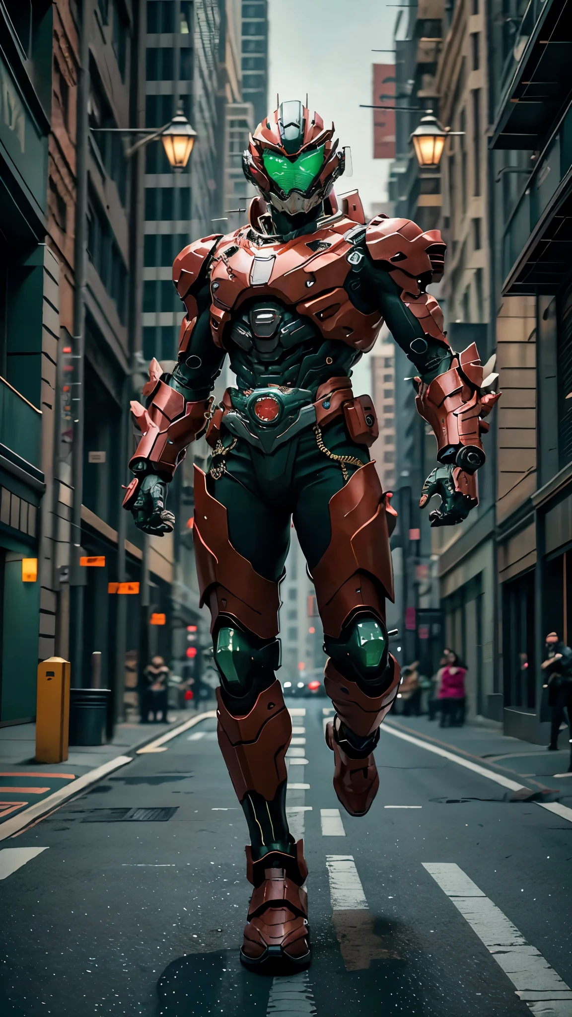 A man wearing a full-face helmet, a fantasy-style biotech armored combat suit, green eyes, (a composite layered chest armor), fully enclosed shoulder guards, matching arm and leg guards, the belt is adorned with exhaust pipes, (the color scheme is primarily black glow with green and red accents), the design balances heavy with agility, a high-tech bio-mecha armor, (Armor Concept Inspired by Cyberpunk motorcycle, stand on the top of a skyscraper in a futuristic sci-fi city), this character embodies a finely crafted fantasy-surreal style armored hero in anime style, exquisite and mature manga art style, (battle damage, element, plasma, energy, the armor glows), ((male:1.5)), metallic, real texture material, dramatic, high definition, best quality, highres, ultra-detailed, ultra-fine painting, extremely delicate, professional, perfect body proportions, golden ratio, anatomically correct, symmetrical face, extremely detailed eyes and face, high quality eyes, creativity, RAW photo, UHD, 32k, Natural light, cinematic lighting, masterpiece-anatomy-perfect, masterpiece:1.5