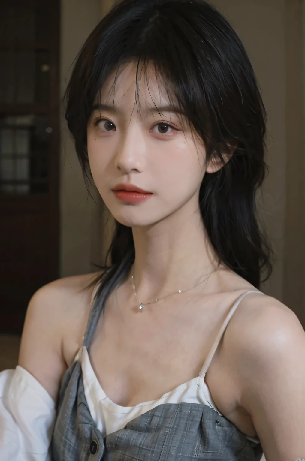 Film Portrait Photography, masterpiece,(Reality:1.4),(Selfie Angle),Beautiful and delicate face,1 girl, Bare shoulders,lipstick, Wear a necklace,Cute expression,Exquisite makeup,Suspenders,serene, calm, (Realistic and detailed eyes, Natural skin texture, Realistic facial details), Soft dramatic lighting, Depth of Field, Bokeh, Vivid details, Detailed and detailed, Surrealism, 35 mm film, hazy, best quality,