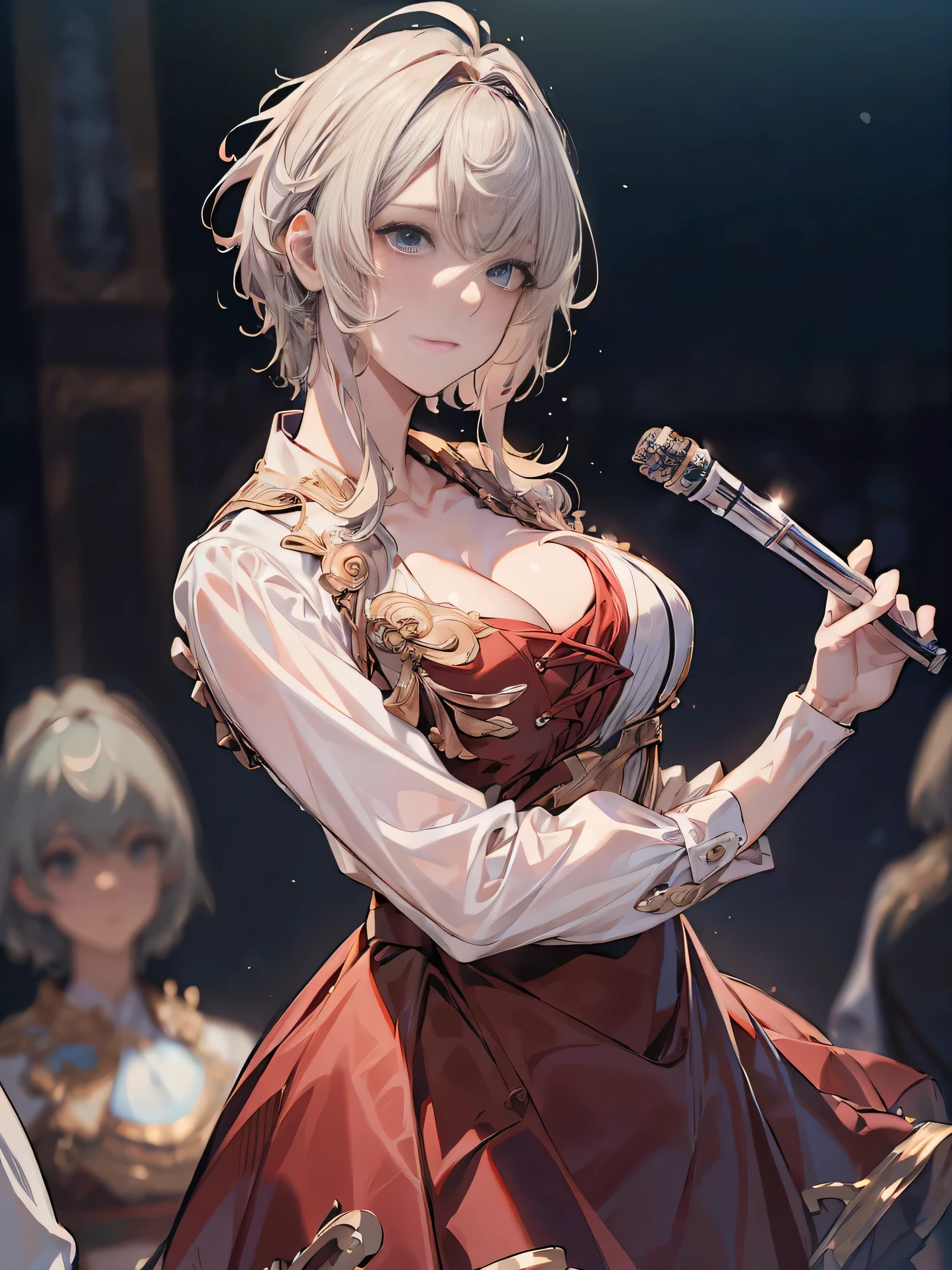 (( (masterpiece),(Very detailed CG Unity 8k wallpaper),(Bust Shot:1.5), highest quality,Cinema Lighting,Photorealistic, Detailed Background,Beautiful and beautiful eyes,Bright Eyes,(Very elegant and beautiful),(Beautifully detailed eye depiction),Very detailed,masterpiece,High resolution)), Richly decorated armor, Beautiful Female Warrior, short hair, Platinum Blonde Hair, Cleavage、Various actions、Various clothes、Red costume、Various poses、Colorful costumes