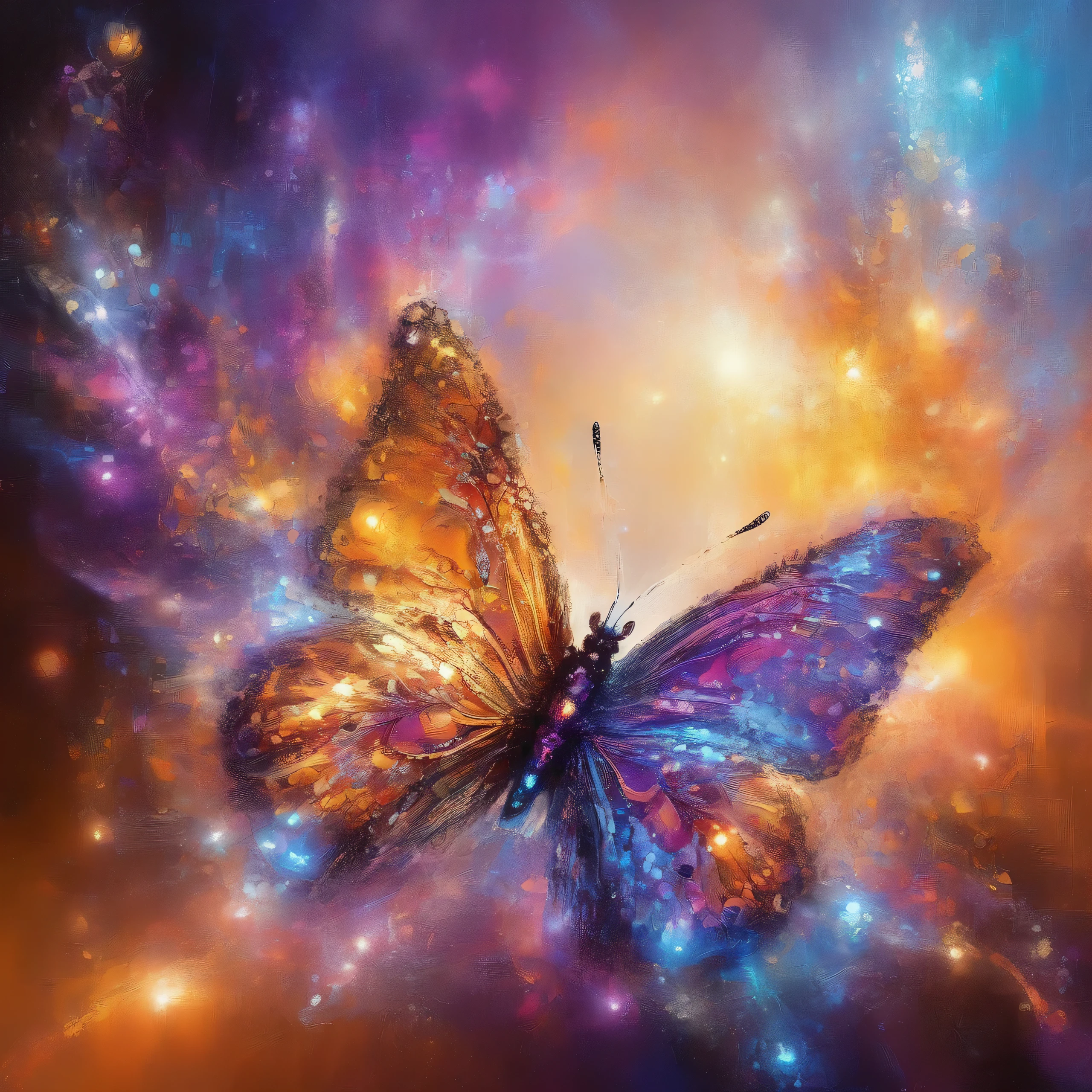 A beautiful, vibrant butterfly emerges from its chrysalis, its wings unfurling in the golden glow of twilight. The delicate creature dances through the air, its iridescent colors shimmering in the soft light. Oranges and purples blend together, creating a breathtaking contrast against the bright blooms surrounding it. This fleeting moment is captured in stunning detail, with a sense of cosmic wonder and surreal beauty. The butterfly's movement is frozen in time, a vibrant spark of life against a backdrop of tranquility. Masterful digital painting techniques, inspired by the styles of renowned artists like Mark Brooks, Frank Frazetta, and David Mann, bring this scene to life with a level of realism and hyperdetail that is truly captivating.