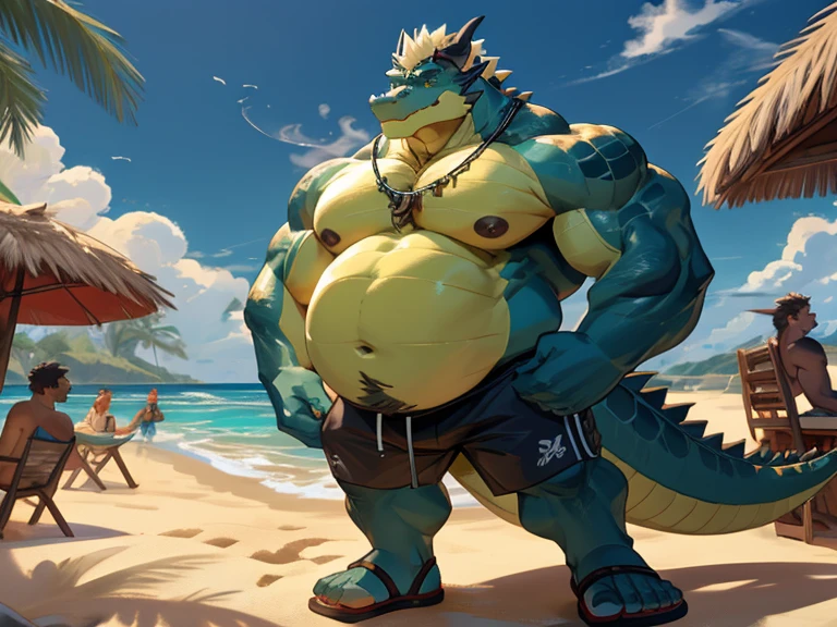 Big buff dark blue cartoon alligator with a ginormously oversized inflated dark blue stomach, deep blue, green eyes, big bellybutton, dark blue back, Black spiky tank top overhanging on top of his massive stomach, green necklace with dragon tooth, concerned look on his face, high pink blushing, spiky beige mohawk hairline, red arm necklace, huge muscular build with nipples, body hair along his chest and oversized stomach, water dribbling from his muscular body, Black shorts, sandals, standing on a beach resort in a ready to fart position and farting out a huge enormous light green toxic gas cloud leaving a putrid smell。