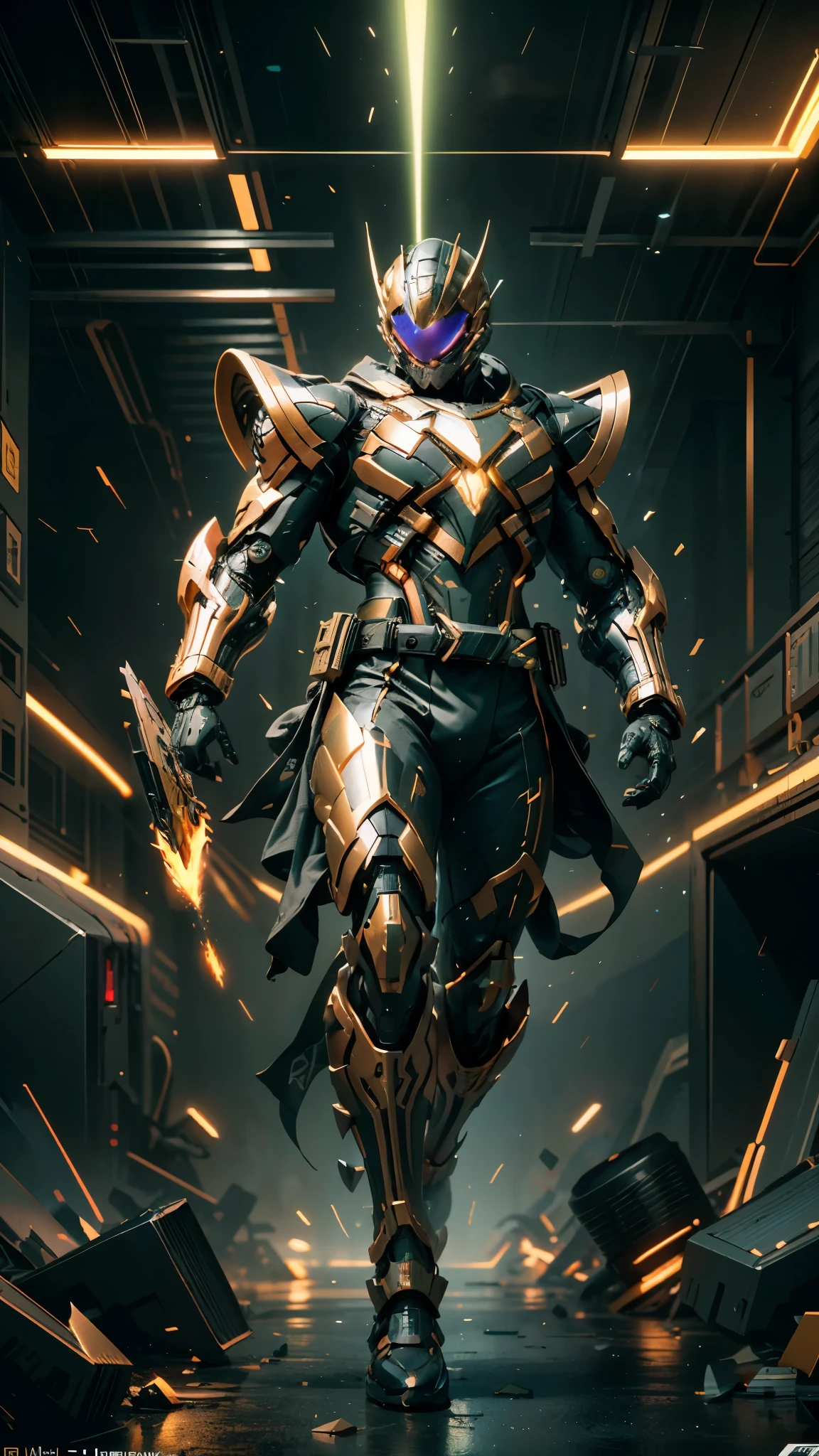 A man wearing a full-face helmet, a fantasy-style biotech armored combat suit, green eyes, (a composite layered chest armor), fully enclosed shoulder guards, matching arm and leg guards, the belt is adorned with exhaust pipes, (the color scheme is primarily black glow with green and red accents), the design balances heavy with agility, a high-tech bio-mecha armor, (Armor Concept Inspired by Cyberpunk motorcycle, stand on the top of a skyscraper in a futuristic sci-fi city), this character embodies a finely crafted fantasy-surreal style armored hero in anime style, exquisite and mature manga art style, (battle damage, element, plasma, energy, the armor glows), ((male:1.5)), metallic, real texture material, dramatic, high definition, best quality, highres, ultra-detailed, ultra-fine painting, extremely delicate, professional, perfect body proportions, golden ratio, anatomically correct, symmetrical face, extremely detailed eyes and face, high quality eyes, creativity, RAW photo, UHD, 32k, Natural light, cinematic lighting, masterpiece-anatomy-perfect, masterpiece:1.5