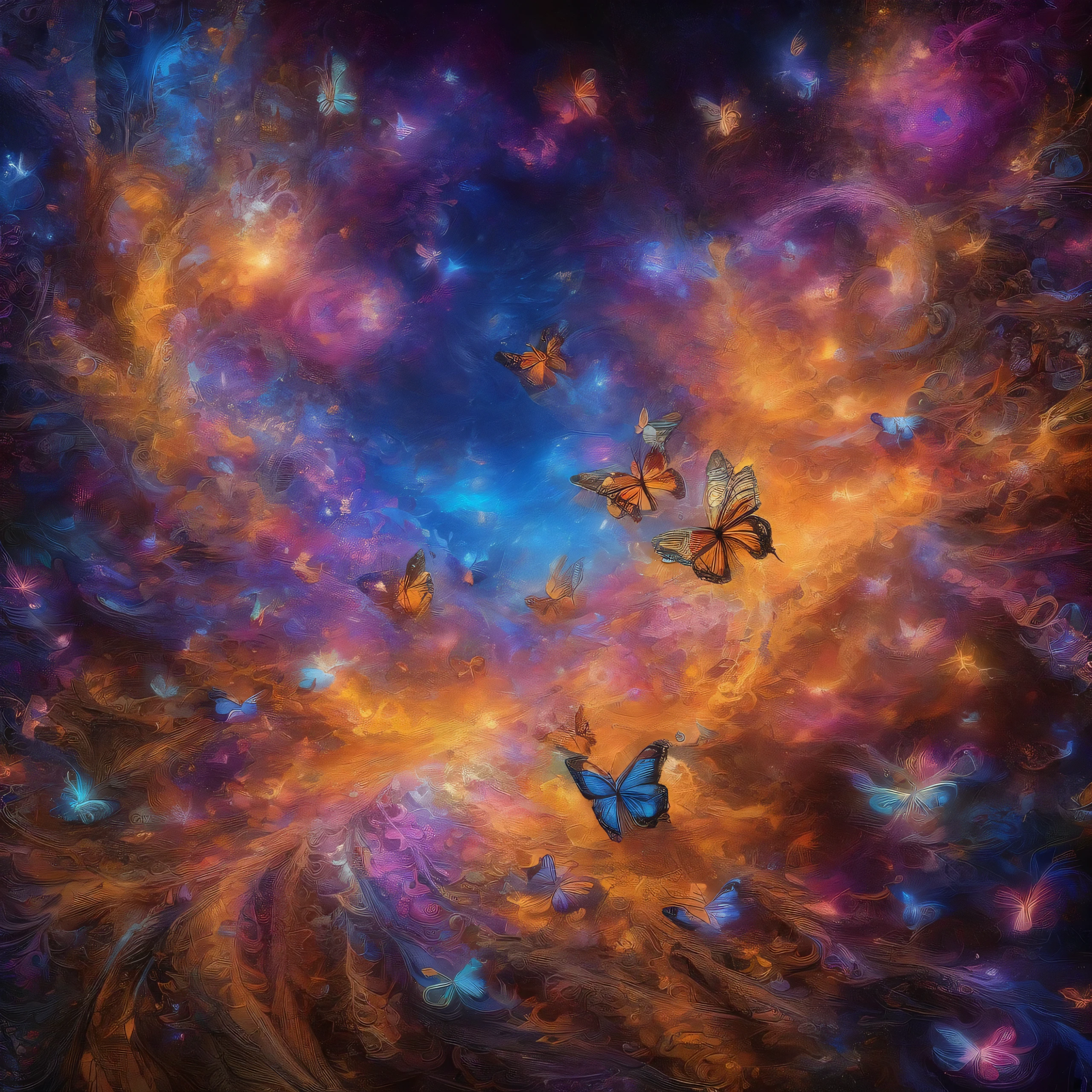 A beautiful, vibrant butterfly emerges from its chrysalis, its wings unfurling in the golden glow of twilight. The delicate creature dances through the air, its iridescent colors shimmering in the soft light. Oranges and purples blend together, creating a breathtaking contrast against the bright blooms surrounding it. This fleeting moment is captured in stunning detail, with a sense of cosmic wonder and surreal beauty. The butterfly's movement is frozen in time, a vibrant spark of life against a backdrop of tranquility. Masterful digital painting techniques, inspired by the styles of renowned artists like Mark Brooks, Frank Frazetta, and David Mann, bring this scene to life with a level of realism and hyperdetail that is truly captivating.
