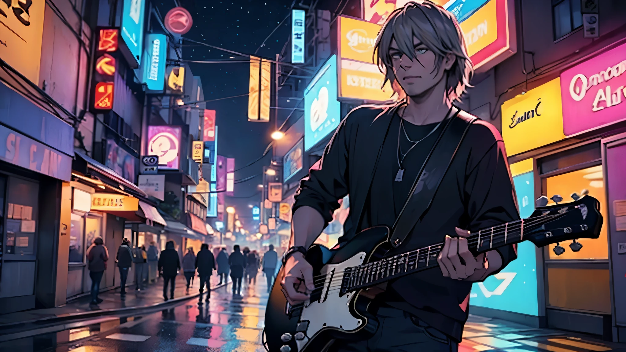 high quality, Lots of details, Kurt Cobain standing in the middle of a neon-lit street, Electric guitar behind him, The surrounding area is a bright neon city. There are stars in the sky