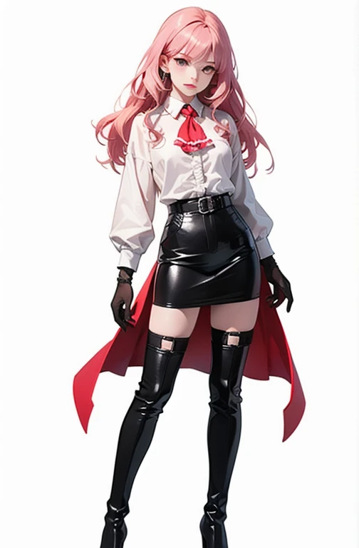 (highest quality), ((masterpiece)), (High resolution), figure, original, Very detailed, zlqs, One girl, alone, Long Hair, gloves, boots, black gloves, whole body, thigh boots, High heels, Long sleeve, chest, Black footwear, Holding, White Background, shirt, Knee socks, Fishnet tights, high heel boots, Pink Hair, Simple Background, Frills, white shirt, Are standing, O-ring,,