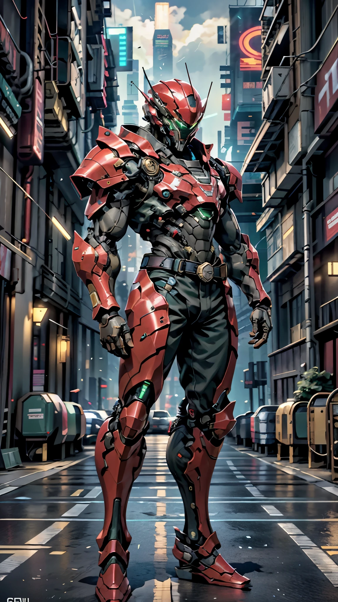 A man wearing a full-face helmet, a fantasy-style biotech armored combat suit, green eyes, (a composite layered chest armor), fully enclosed shoulder guards, matching arm and leg guards, the belt is adorned with exhaust pipes, (the color scheme is primarily black glow with green and red accents), the design balances heavy with agility, a high-tech bio-mecha armor, (Armor Concept Inspired by Cyberpunk motorcycle, stand on the top of a skyscraper in a futuristic sci-fi city), this character embodies a finely crafted fantasy-surreal style armored hero in anime style, exquisite and mature manga art style, (battle damage, element, plasma, energy, the armor glows), ((male:1.5)), metallic, real texture material, dramatic, high definition, best quality, highres, ultra-detailed, ultra-fine painting, extremely delicate, professional, perfect body proportions, golden ratio, anatomically correct, symmetrical face, extremely detailed eyes and face, high quality eyes, creativity, RAW photo, UHD, 32k, Natural light, cinematic lighting, masterpiece-anatomy-perfect, masterpiece:1.5