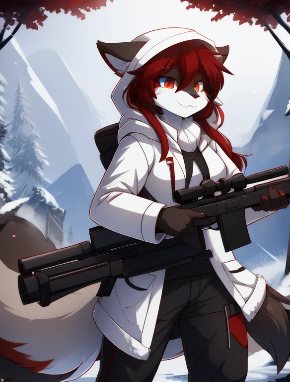 Furry art,(Anthro,Fluffy fur,character focus:1.1),от Дto herси, to her,The eyes have black-red heterochromia.,white fur,white raincoat,put,holding the sniper rifle,only person,sniper,demon tail