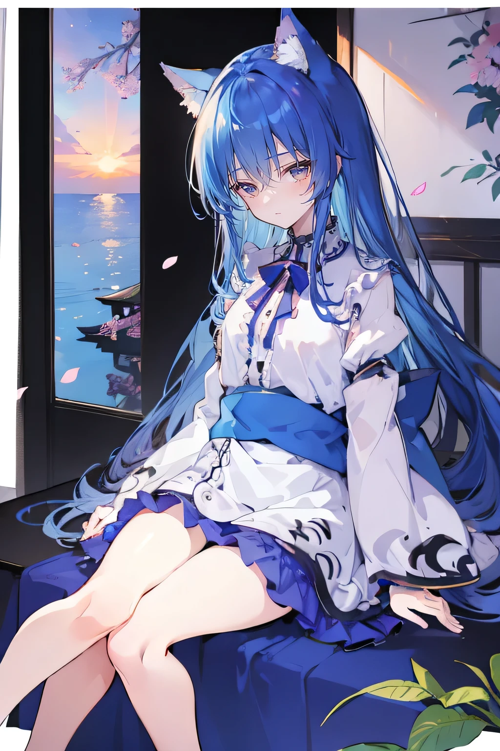 (masterpiece:1.2),Super detailed,Practical,expressive eyes,Fair skin,Perfect face shaping,1 Girl,
Japanese cartoons,Gorgeous blue hair, the long flowing blue hair,Floating clothes,Cat ears,Petals falling,beautiful lola,Young Angel,
Hands on waist,sit elegantly on the ground,Cross your legs,Gentle and peaceful background,Cool and cozy pavilion,Sunset,