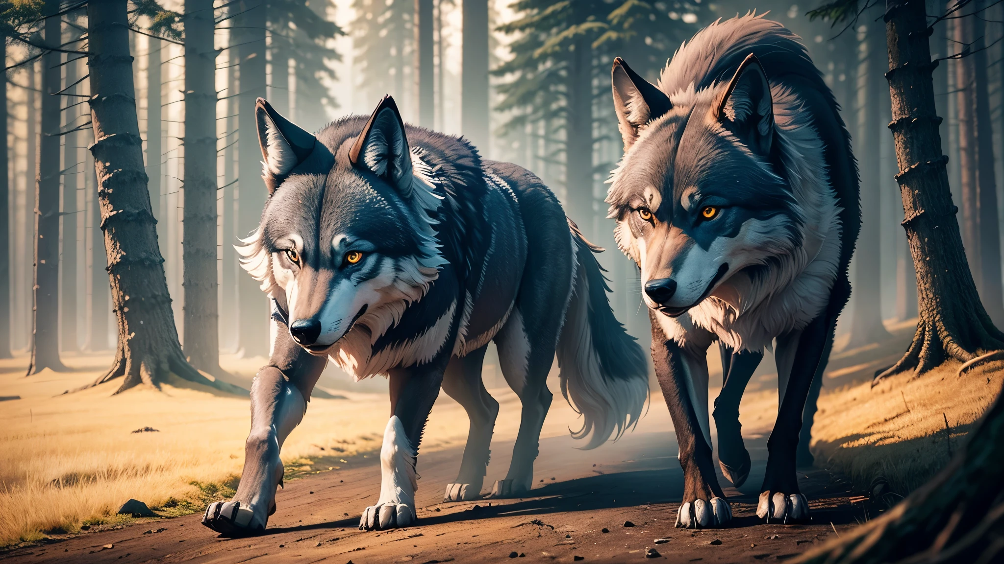 Develop a mesmerizing image of a wolf that lives in forest panorama, detailed and high definition art, rtx on, hdr, 4k