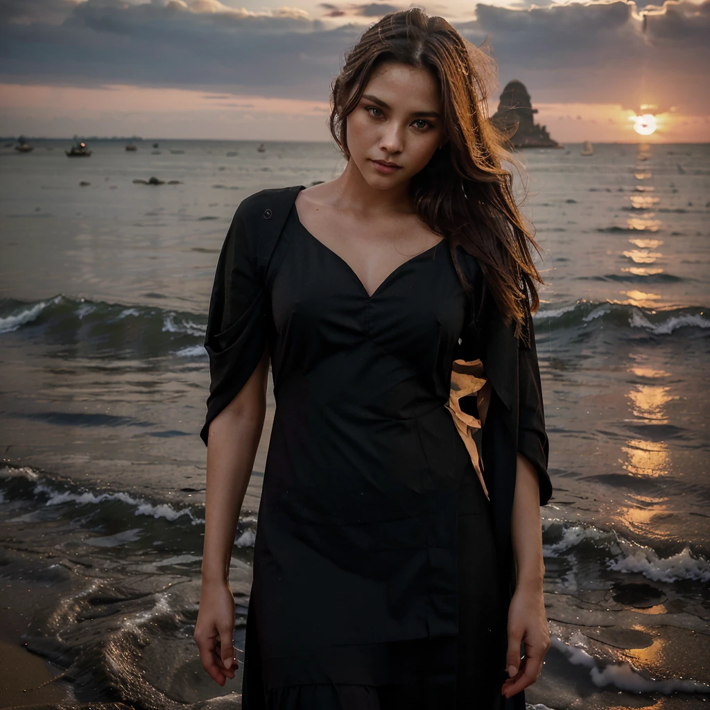 Female supermodel. Thailand, Bangkok, Pa Tong beach. Black evening dress. Sunset