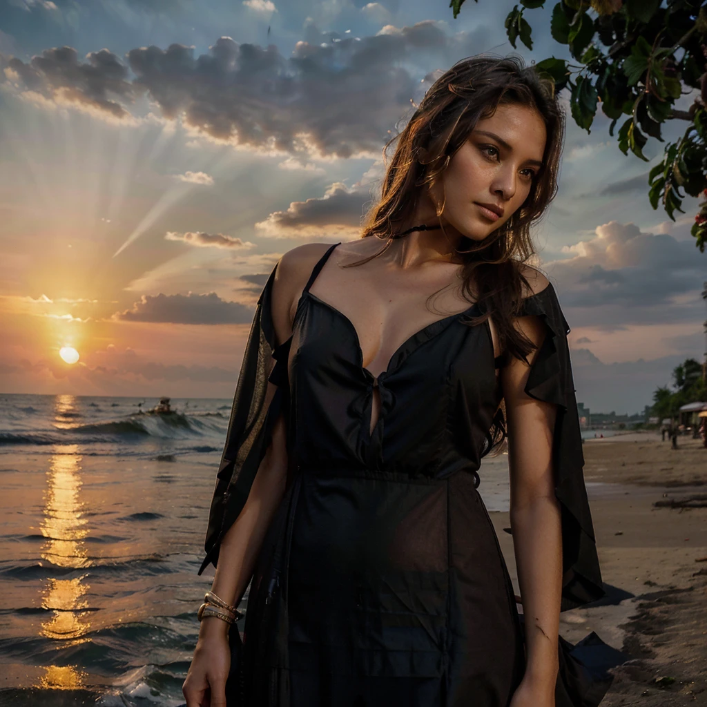 Female supermodel. Thailand, Bangkok, Pa Tong beach. Black evening dress. Sunset