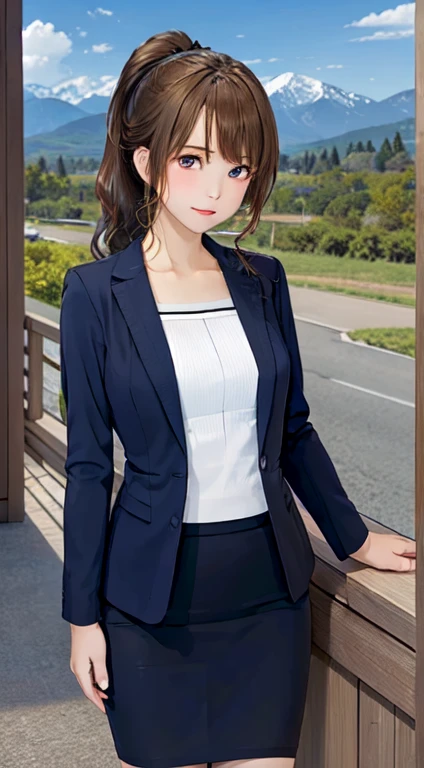 best quality,HDR,UHD,8K,Vivid Colors,solo,front view,photo_(medium),(1girl:1.3),(looking at viewer:1.4),ponytail,
standing,outside,sky,mountain,flower,rc,pencil skirt,coat,shirt,