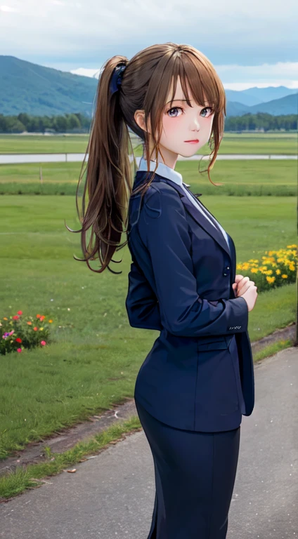 best quality,HDR,UHD,8K,Vivid Colors,solo,front view,photo_(medium),(1girl:1.3),(looking at viewer:1.4),ponytail,
standing,outside,sky,mountain,flower,rc,pencil skirt,coat,shirt,