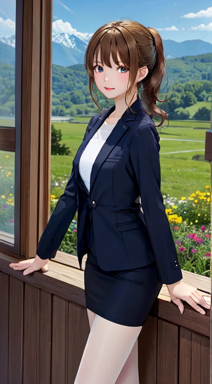 best quality,HDR,UHD,8K,Vivid Colors,solo,front view,photo_(medium),(1girl:1.3),(looking at viewer:1.4),ponytail,
standing,outside,sky,mountain,flower,rc,pencil skirt,coat,shirt,