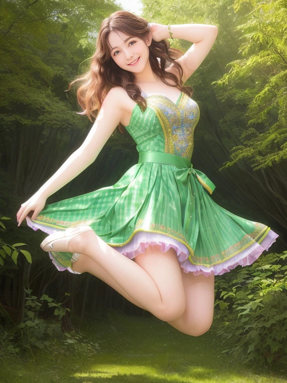 Photo-realistic quality、Image of a woman in a dress jumping into the air on a forest path, 20Cute playful pose of an old dancer, Casual pose, Slim girl model photo, Cute Japanese Woman、She is dancing.looking at the camera、Detailed and beautiful eyes、20Age idol、Beautiful Model、Cute Smile