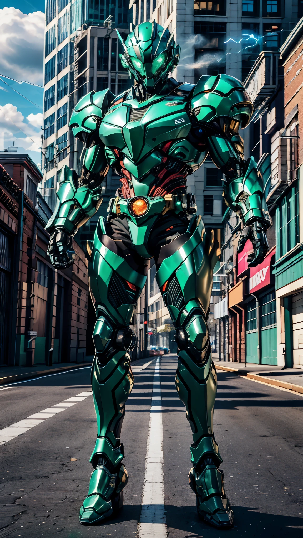 A man wearing a full-face helmet, a fantasy-style biotech armored combat suit, green eyes, (a composite layered chest armor), fully enclosed shoulder guards, matching arm and leg guards, the belt is adorned with exhaust pipes, (the color scheme is primarily black glow with green and red accents), the design balances heavy with agility, a high-tech bio-mecha armor, (Armor Concept Inspired by Cyberpunk motorcycle, stand on the top of a skyscraper in a futuristic sci-fi city), this character embodies a finely crafted fantasy-surreal style armored hero in anime style, exquisite and mature manga art style, (battle damage, element, plasma, energy, the armor glows), ((male:1.5)), metallic, real texture material, dramatic, high definition, best quality, highres, ultra-detailed, ultra-fine painting, extremely delicate, professional, perfect body proportions, golden ratio, anatomically correct, symmetrical face, extremely detailed eyes and face, high quality eyes, creativity, RAW photo, UHD, 32k, Natural light, cinematic lighting, masterpiece-anatomy-perfect, masterpiece:1.5