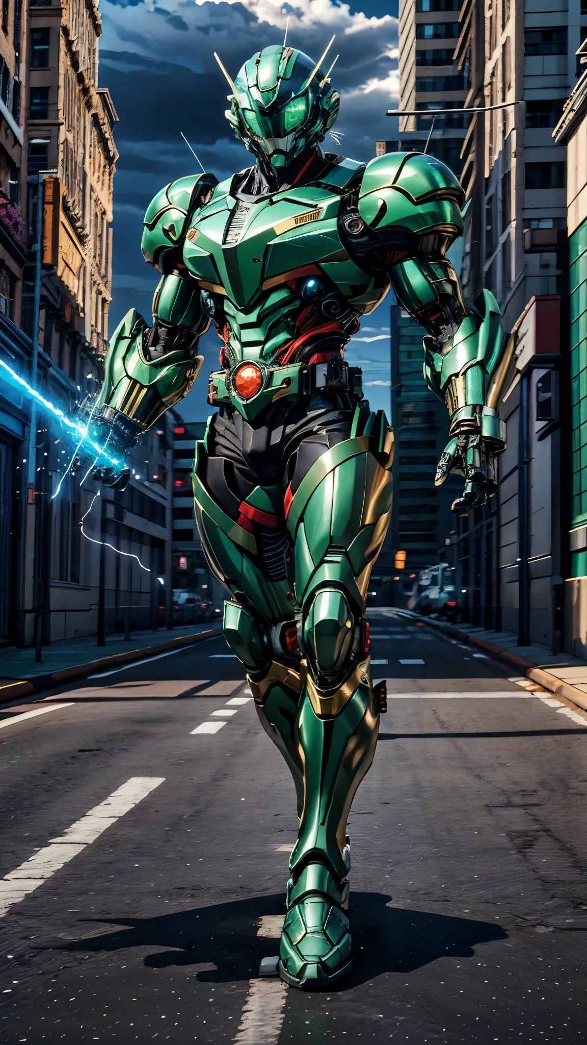 A man wearing a full-face helmet, a fantasy-style biotech armored combat suit, green eyes, (a composite layered chest armor), fully enclosed shoulder guards, matching arm and leg guards, the belt is adorned with exhaust pipes, (the color scheme is primarily black glow with green and red accents), the design balances heavy with agility, a high-tech bio-mecha armor, (Armor Concept Inspired by Cyberpunk motorcycle, stand on the top of a skyscraper in a futuristic sci-fi city), this character embodies a finely crafted fantasy-surreal style armored hero in anime style, exquisite and mature manga art style, (battle damage, element, plasma, energy, the armor glows), ((male:1.5)), metallic, real texture material, dramatic, high definition, best quality, highres, ultra-detailed, ultra-fine painting, extremely delicate, professional, perfect body proportions, golden ratio, anatomically correct, symmetrical face, extremely detailed eyes and face, high quality eyes, creativity, RAW photo, UHD, 32k, Natural light, cinematic lighting, masterpiece-anatomy-perfect, masterpiece:1.5