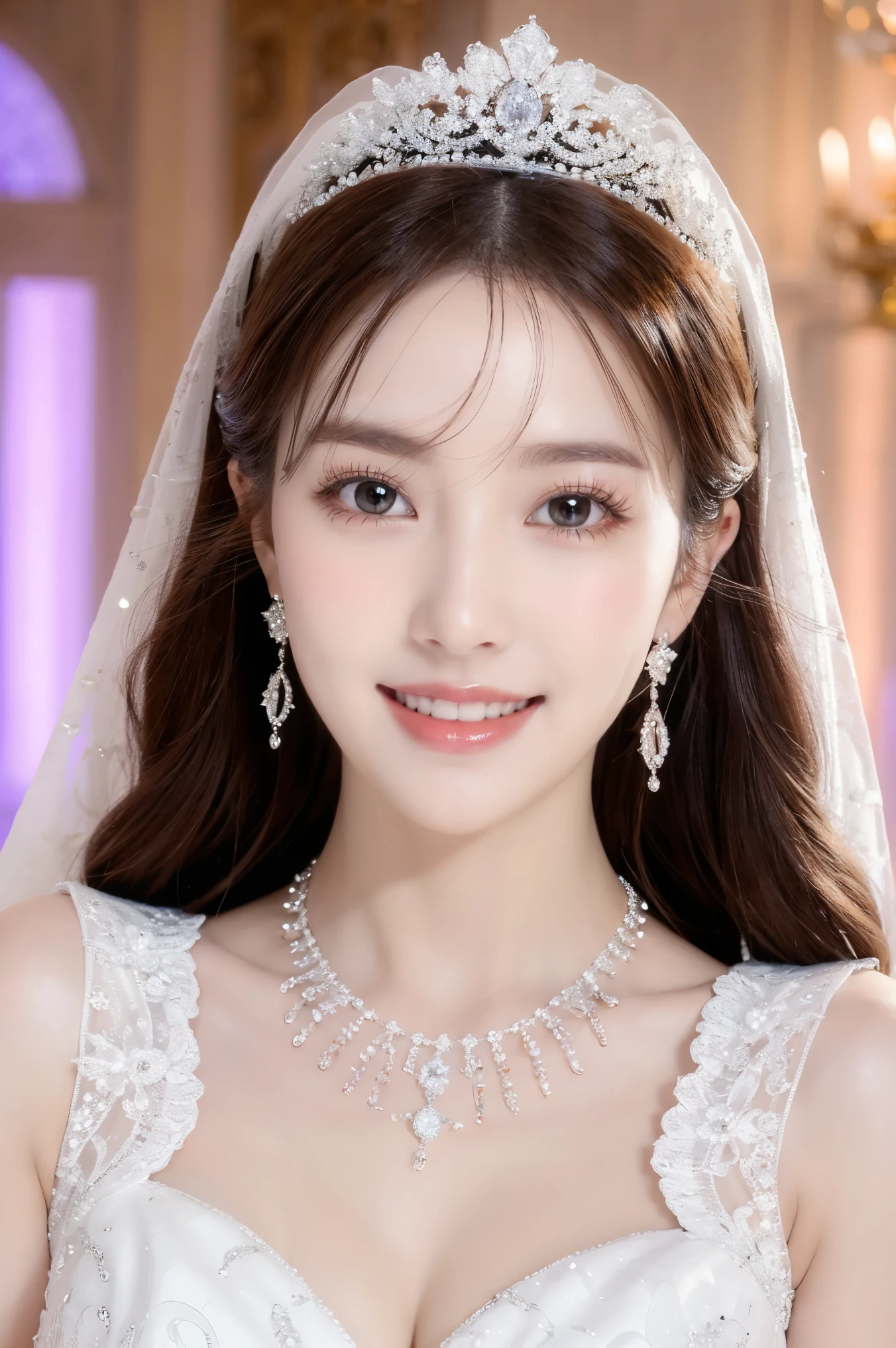 (highest quality、Tabletop、8k、Best image quality、Award-winning works)、One beautiful bride、(alone:1.1)、(The most extravagant and gorgeous huge wedding dresses:1.1)、(Perfect Wedding Lace:1.2)、(The most extravagant and luxurious giant tiara:1.1)、(The most extravagant and luxurious giant necklace:1.1)、The most beautiful smile is looking at me、A wide selection of the finest jewellery、(Bridal upper body photo:1.1)、Perfect Makeup、Long eyelashes、Ultra HD Shining Eyes、Ultra HD Hair、Ultra High Resolution Glossy Lips、Ultra High Resolution Perfect Teeth、Super high resolution beautiful face、(Accurate anatomy:1.1)、(Very bright and beautiful skin:1.2)、(very bright and vivid:1.2)、(Luxury wedding venue background:1.1)