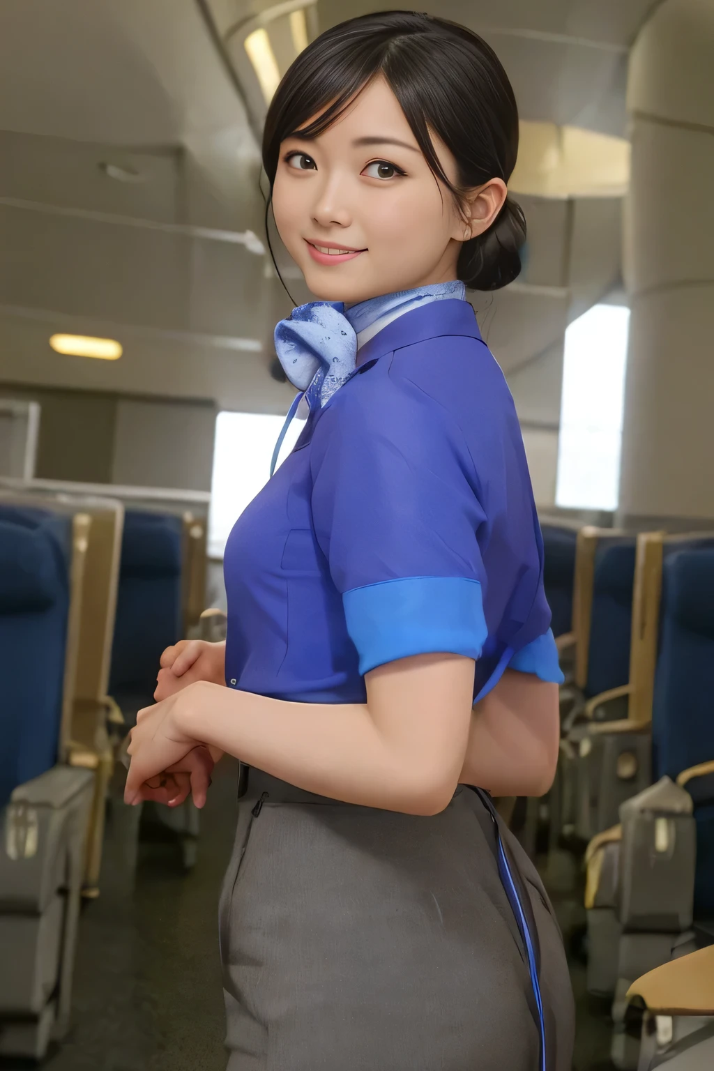 (ANA cabincrew uniform)、(Short sleeve light blue blouse)、(Scarf around the neck)、(Long hair updo、Chignon)、Young Asian Woman、smile