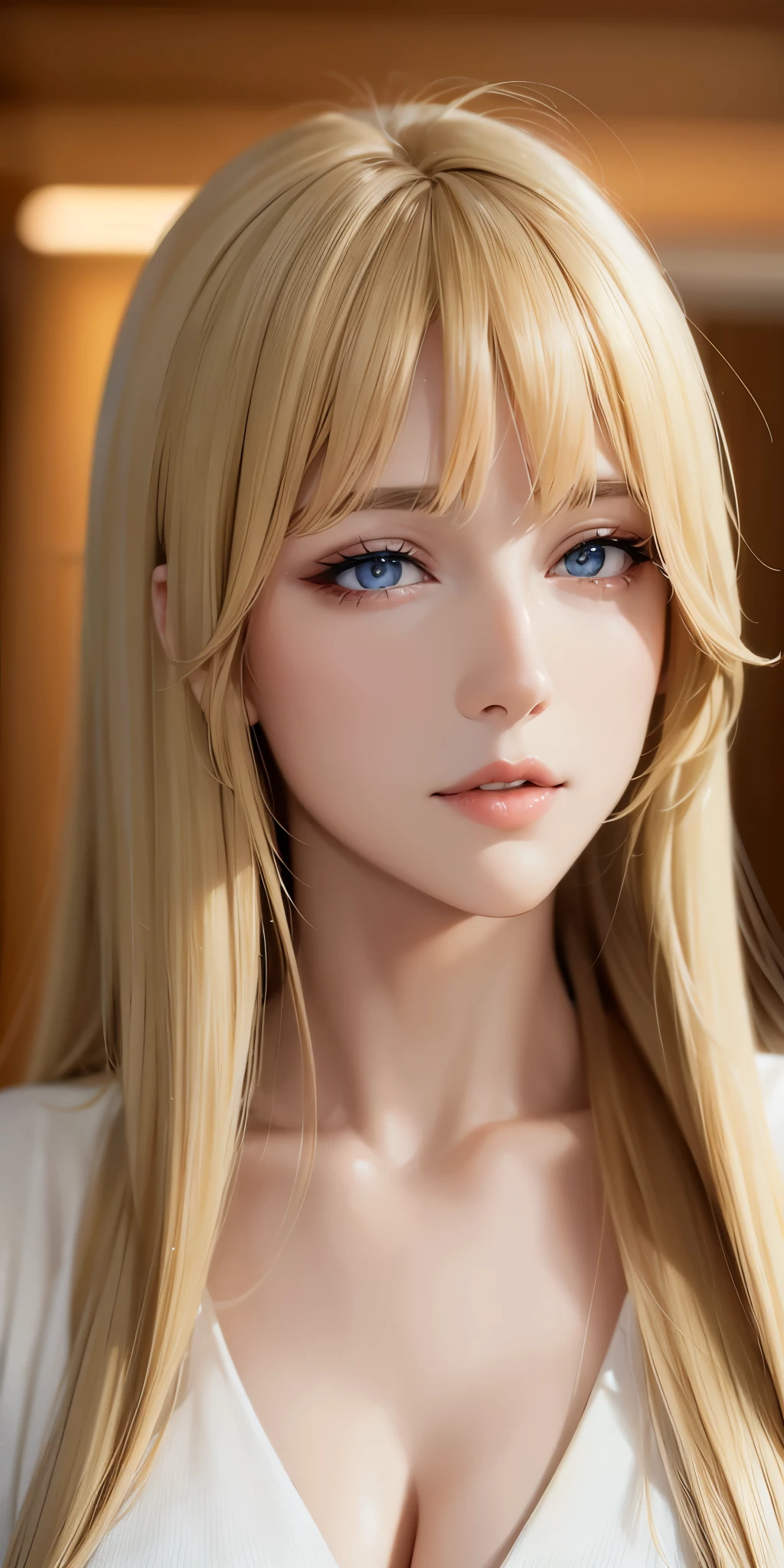 Portait, Upper body, elegant mature woman, long neck, long blonde hair, bangs, blue eyes, casual clothes, cleavage, soft light, 4k resolution, high quality, looking at viewer
