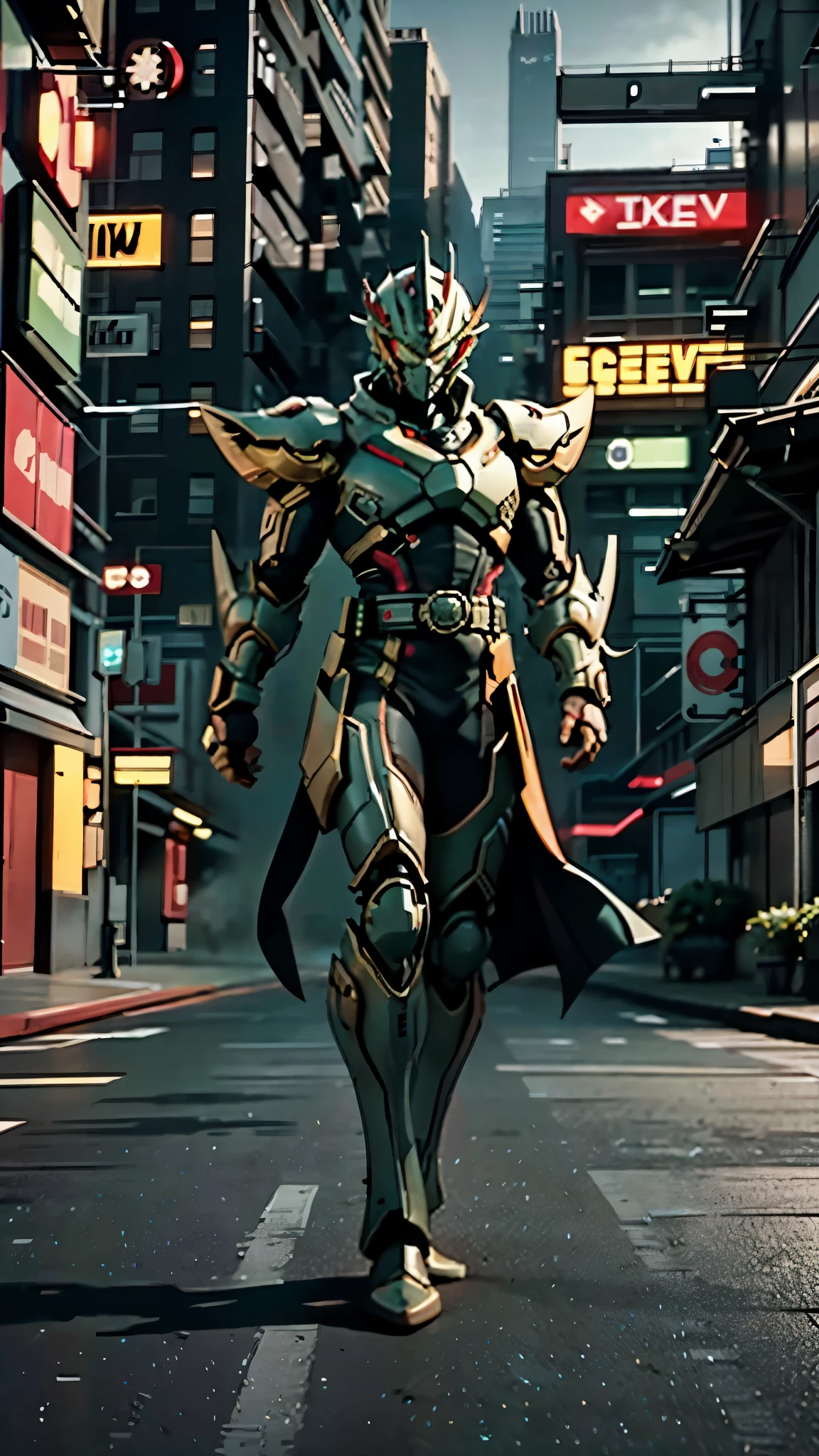 A man wearing a full-face helmet, a fantasy-style biotech armored combat suit, green eyes, (a composite layered chest armor), fully enclosed shoulder guards, matching arm and leg guards, the belt is adorned with exhaust pipes, (the color scheme is primarily black glow with green and red accents), the design balances heavy with agility, a high-tech bio-mecha armor, (Armor Concept Inspired by Cyberpunk motorcycle, stand on the top of a skyscraper in a futuristic sci-fi city), this character embodies a finely crafted fantasy-surreal style armored hero in anime style, exquisite and mature manga art style, (battle damage, element, plasma, energy, the armor glows), ((male:1.5)), metallic, real texture material, dramatic, high definition, best quality, highres, ultra-detailed, ultra-fine painting, extremely delicate, professional, perfect body proportions, golden ratio, anatomically correct, symmetrical face, extremely detailed eyes and face, high quality eyes, creativity, RAW photo, UHD, 32k, Natural light, cinematic lighting, masterpiece-anatomy-perfect, masterpiece:1.5