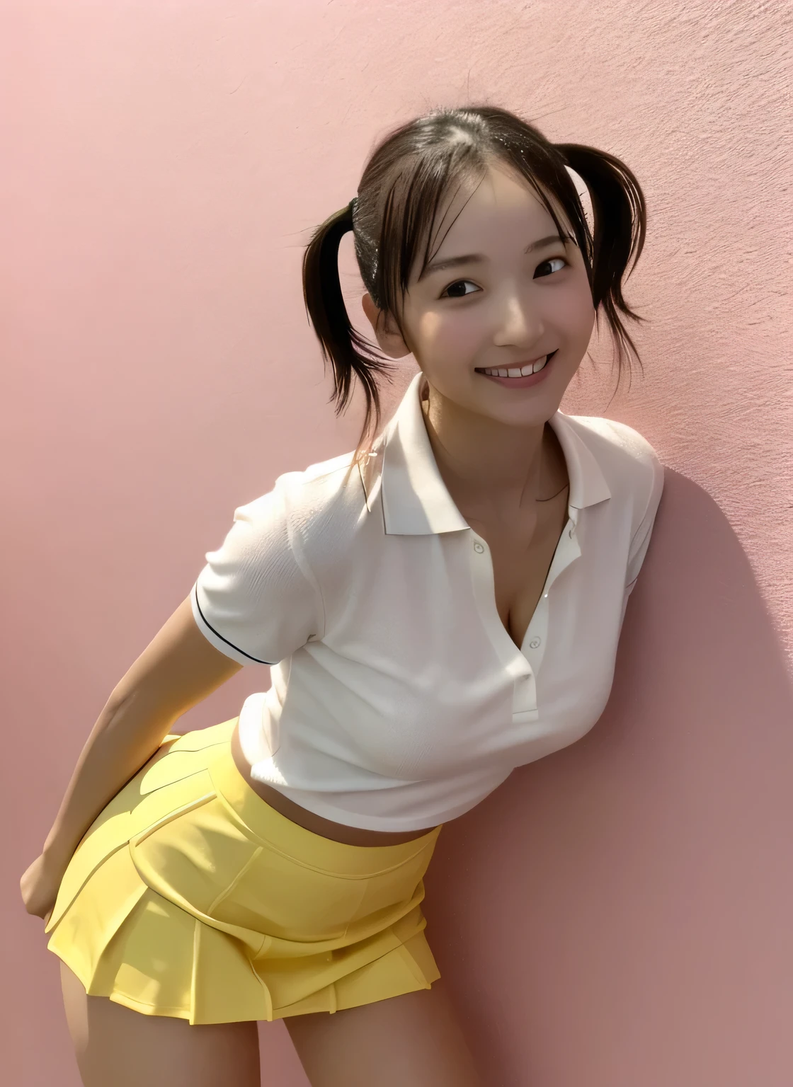((Ultra-high resolution)),8K,14 years old、Leaning forward to reveal cleavage、Small breasts, , Twin tails, Yellow mini skirt, Pink polo shirt、Small cleavage 2:1,Idol Sculpture, Wet, smile、Pink wall、sexy、slender、Shapely small breasts、I can see your thighs、