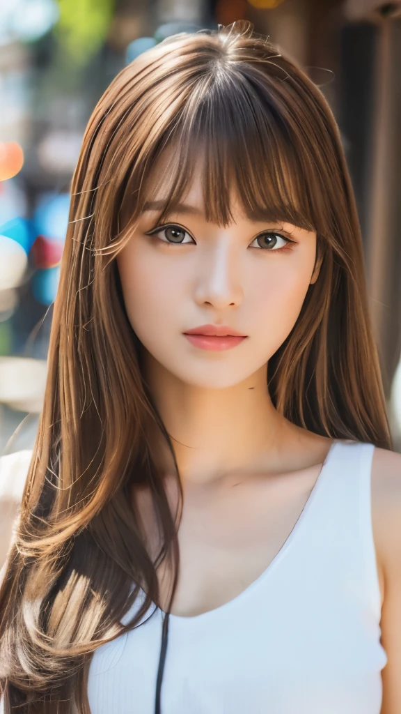 Best quality, 8k,  ,Masterpiece :1.3)), facing viewer,((full body1.2)) ,pretty woman, wide shot ,1girl, ,  ,, Restaurant  , brown hair  , bangs,ultra-detailed face, highly detailed lips, detailed eyes, double eyelid