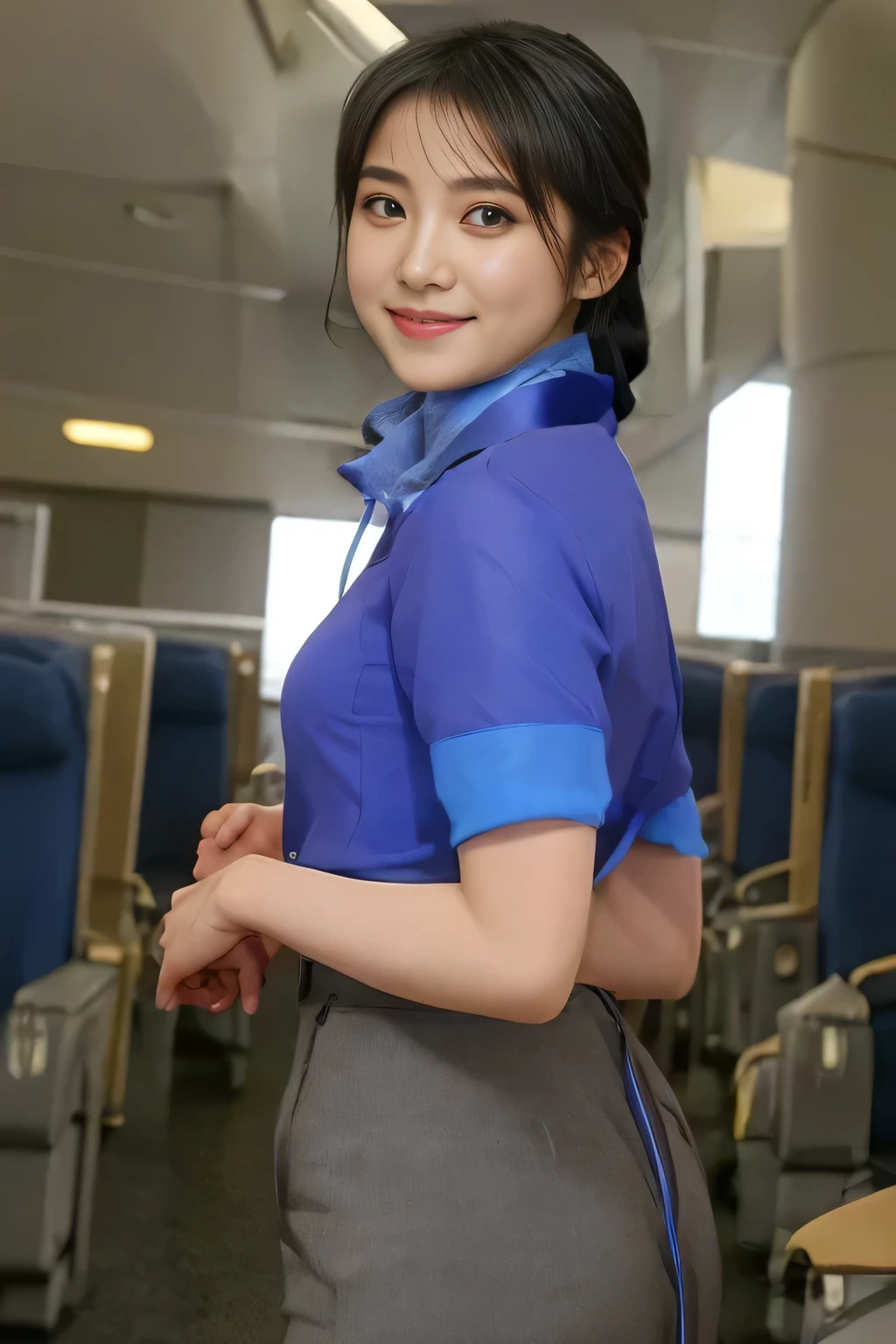 （ANA cabincrew uniform）、（Short sleeve light blue blouse）、（Scarf around the neck）、（Long hair updo、Chignon）、Young Asian Woman、smile