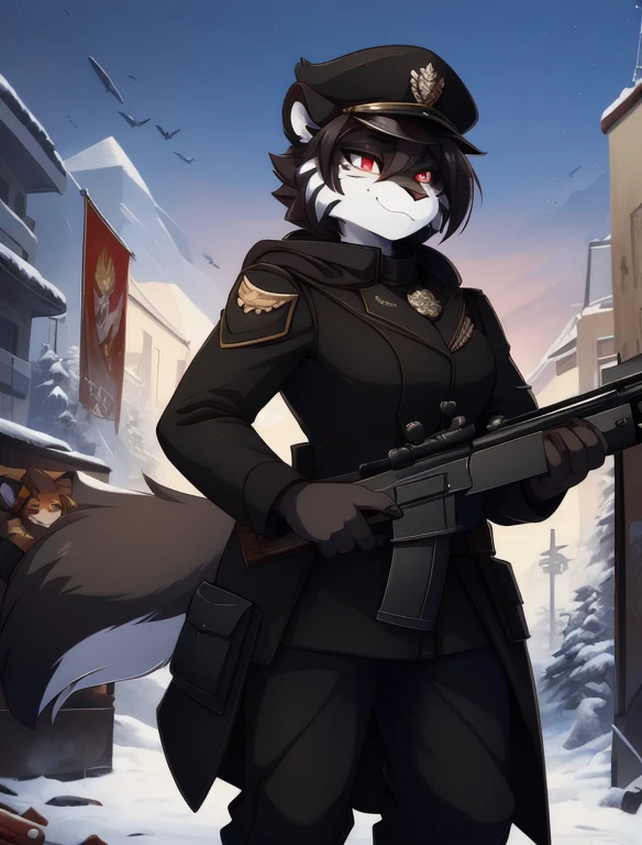 Furry art,(Anthro,Fluffy fur,character focus:1.1),by Dagassi, yeah black cloak, holding the sniper rifle，sniper，demon tail, Warhammer_40 thousand_Commissar,((masterpiece)), (Best quality), (detailed), Black uniform, mascara, Eyeliner, eyeshadow, Upper body, pomade, женщина anthro furry tiger, Propaganda poster, wicked, bristle, (8k contract, masterpiece, Best quality, High quality, absurdity, ultra-detailed)