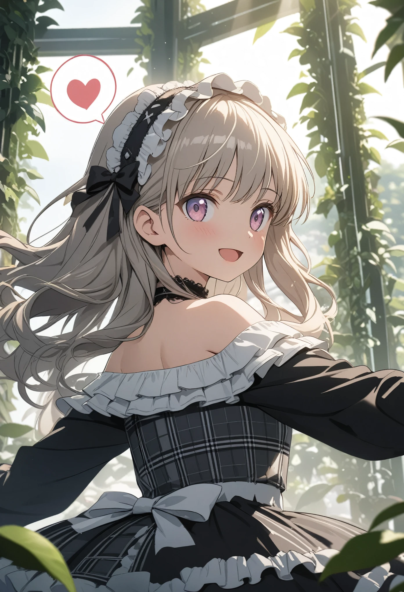 ((Masterpiece)), (Anime:1.5), ((best quality)), (super detail:1.2), (High Definition:1.3), (High Definition:1.3), (Professional Photography:1.2), ((12 years old)), cinematic lighting, cute teenage girl, Plaid dress, (Off-Shoulder dress), hoop dress, bow, (lolita fashion), (Vibrant Pose), exposed bare shoulder and arms, lolita style, (looking at another), cute smile, open mouth, pretty, , portrait of lolita girl, emo style, red checker, (against the giant greenhouse), ribbon belt, ((spoken heart)), (sharp focus), (perfect light),