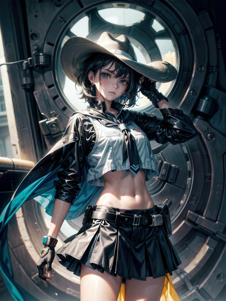 Sci-Fi fashion, high-tech gear, future, cowgirl costume, vest, cowboy hat, fingerless gloves, midriff, neckerchief, short skirt, holster, absurdres, RAW photo, extremely delicate and beautiful, masterpiece, Best Quality, ultra high resolution, 32k, hyperrealistic, ultra-detailed, detailed description, pale skin, 20 years old, tearful mole, earring, short medium hair, wavy hair, whole body shot,