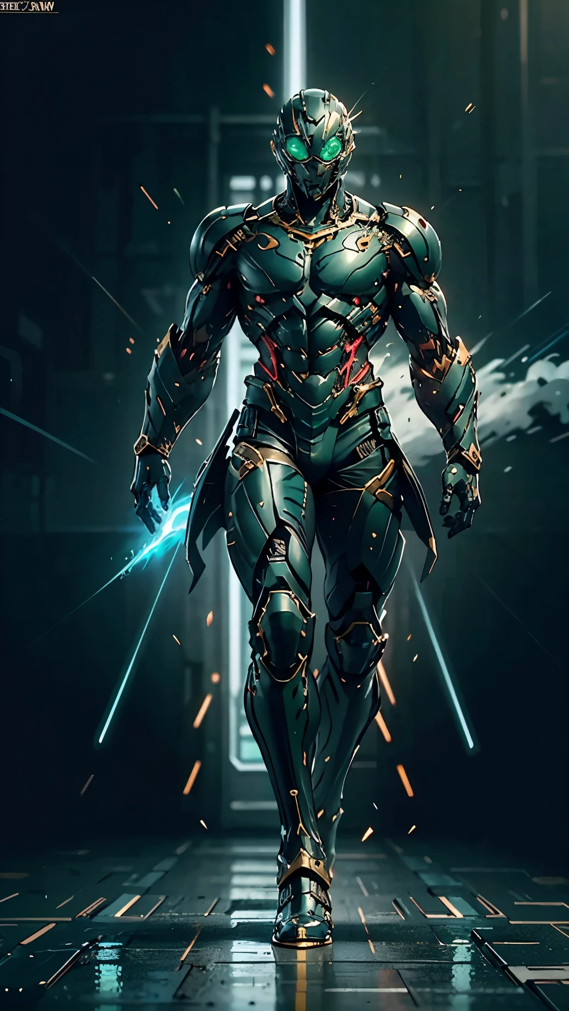 A man wearing a full-face helmet, a fantasy-style biotech armored combat suit, green eyes, (a composite layered chest armor), fully enclosed shoulder guards, matching arm and leg guards, the belt is adorned with exhaust pipes, (the color scheme is primarily black glow with green and red accents), the design balances heavy with agility, a high-tech bio-mecha armor, (Armor Concept Inspired by Cyberpunk motorcycle, stand on the top of a skyscraper in a futuristic sci-fi city), this character embodies a finely crafted fantasy-surreal style armored hero in anime style, exquisite and mature manga art style, (battle damage, element, plasma, energy, the armor glows), ((male:1.5)), metallic, real texture material, dramatic, high definition, best quality, highres, ultra-detailed, ultra-fine painting, extremely delicate, professional, perfect body proportions, golden ratio, anatomically correct, symmetrical face, extremely detailed eyes and face, high quality eyes, creativity, RAW photo, UHD, 32k, Natural light, cinematic lighting, masterpiece-anatomy-perfect, masterpiece:1.5