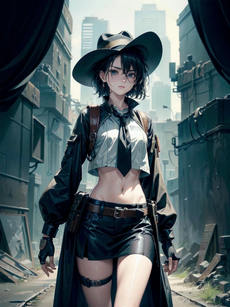 Sci-Fi fashion, high-tech gear, future, cowgirl costume, vest, cowboy hat, fingerless gloves, midriff, neckerchief, short skirt, holster, absurdres, RAW photo, extremely delicate and beautiful, masterpiece, Best Quality, ultra high resolution, 32k, hyperrealistic, ultra-detailed, detailed description, pale skin, 20 years old, tearful mole, earring, short medium hair, wavy hair, whole body shot,