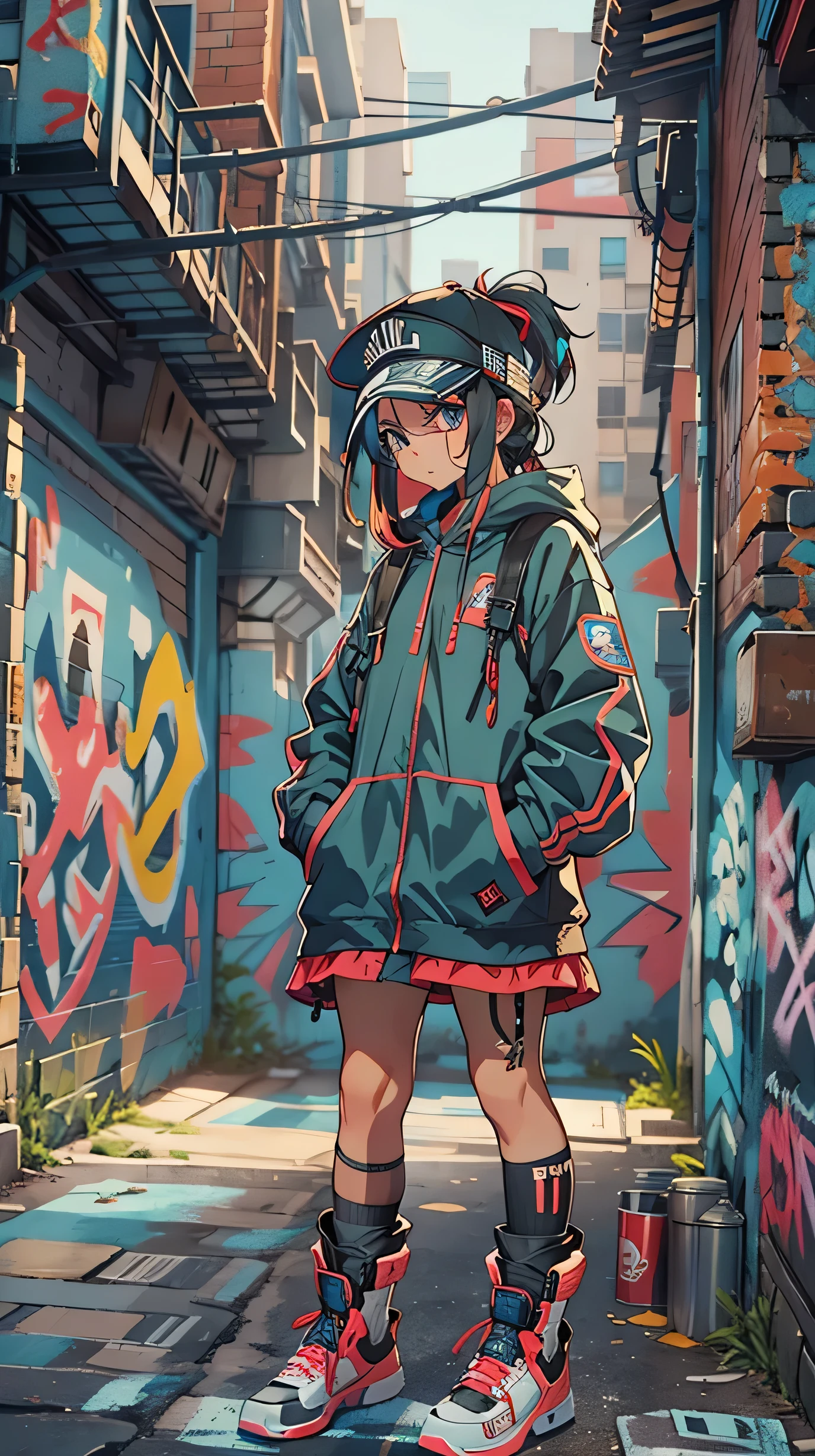 A girl in the back alley、(Super detailed)、(8k)、((Hip Hop Fashion))、(Graffiti wall)、(Esbian all over)、(Super detailedな顔)、(Detailed feet)、(Detailed hands)、(Cool face)、(Are standing)