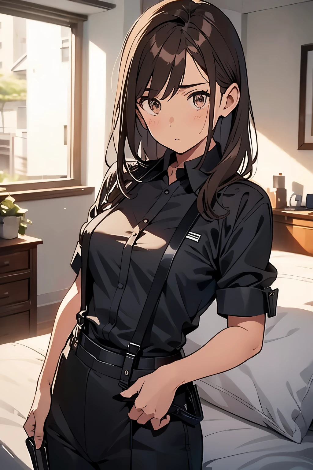 Brown Hair、Staring at the audience　　　Black suspenders　　　bulging big breasts　　 　 　　　wall: 　Black pantsuit　　　　　　sight　　　Small face　 　　　holster　　　Beautiful woman　　Show your hand　　 Lying in bed　　sight 　　Taunt　side　side汗 　arm　Dress shirt　Black Suit　belt