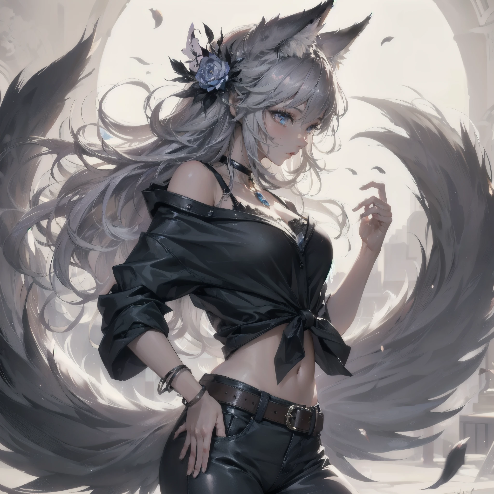 high quality,hd,16k,sharp line,1girl,fantasy,fem
ale wolf ears,wolf tail,beautiful hair ,cute face, large breasts ,nice legs,,focus girl,detailed beautiful face,detailed clothes,beautiful eyes,dynamic angle