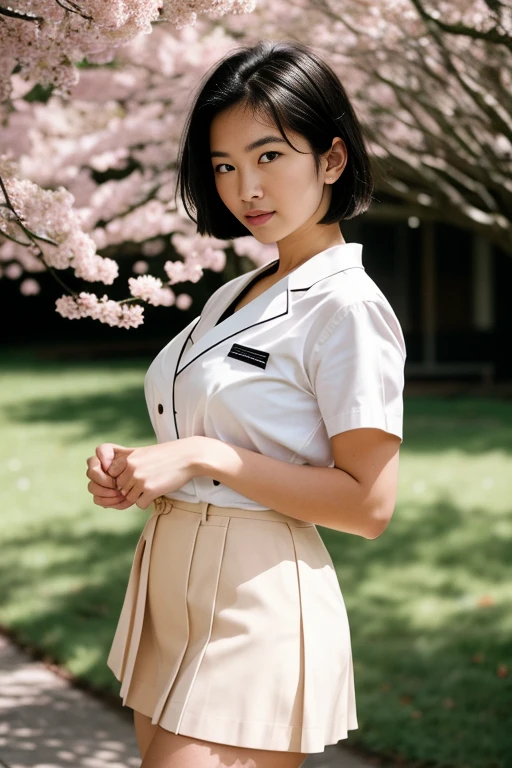 Masterpiece, a beautiful Swedish woman, ((Marilyn Monroe:Ingrid Bergman:0.5)), (short Japanese school uniform), (medium ), (perfect body), (black hair), (short hairstyle), outside, (skin texture:1.1), best quality, ultra high res, Raw photo, Nikon D850, backlight, rimlight, bright sunlight, film grain:1.2, (warm hue, warm tone:1.2), (color photo), seductive pose