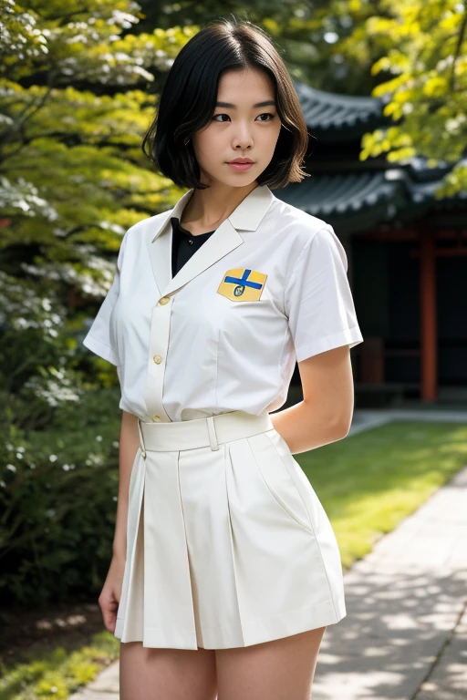 Masterpiece, a beautiful Swedish woman, ((Marilyn Monroe:Ingrid Bergman:0.5)), (short Japanese school uniform), (medium breasts), (perfect body), (black hair), (short hairstyle), outside, (skin texture:1.1), best quality, ultra high res, Raw photo, Nikon D850, backlight, rimlight, bright sunlight, film grain:1.2, (warm hue, warm tone:1.2), (color photo), seductive pose