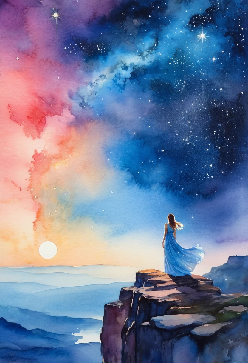 (Watercolor landscape painting:1.8)，1 girl,  (A woman in a long dress stands on a cliff，Looking at the stars, Space Goddess, Milky Way Goddess, Goddess of Heaven, Astral ethereal, Dream, Beautiful Celestial Mage, beautiful fantasy painting, Beautiful fantasy art, Ethereal fantasy, very Beautiful fantasy art, Digital Art Fantasy, Charming and otherworldly, Fantasy Beauty, Octane&#39;s beautiful artwork in Ultra HD 4K，Volumetric Light，Natural soft lighting), (Ultra-delicate:1.2, Loss of focus:1.2, rich and colorful, theater lighting, Chiaroscuro,Ray Tracing), masterpiece, Super rich,Super detailed,8K