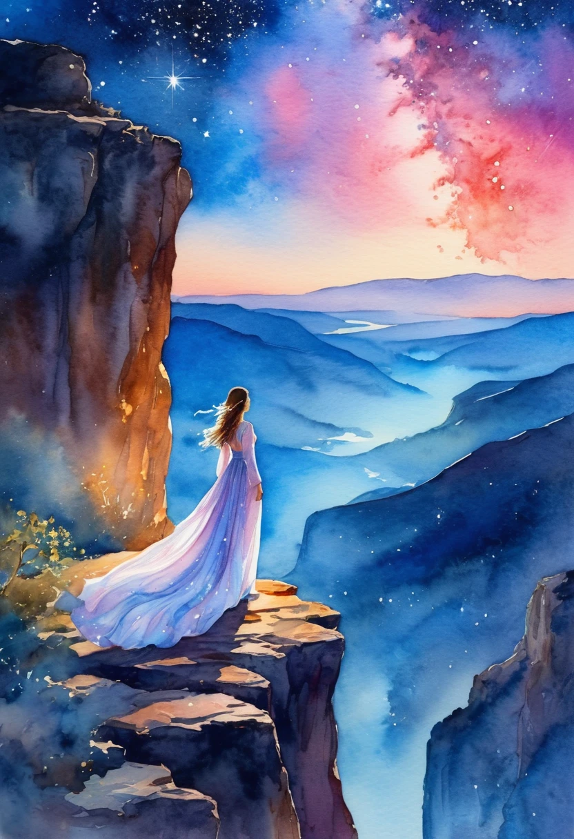 (Watercolor landscape painting:1.8)，1 girl,  (A woman in a long dress stands on a cliff，Looking at the stars, Space Goddess, Milky Way Goddess, Goddess of Heaven, Astral ethereal, Dream, Beautiful Celestial Mage, beautiful fantasy painting, Beautiful fantasy art, Ethereal fantasy, very Beautiful fantasy art, Digital Art Fantasy, Charming and otherworldly, Fantasy Beauty, Octane&#39;s beautiful artwork in Ultra HD 4K，Volumetric Light，Natural soft lighting), (Ultra-delicate:1.2, Loss of focus:1.2, rich and colorful, theater lighting, Chiaroscuro,Ray Tracing), masterpiece, Super rich,Super detailed,8K