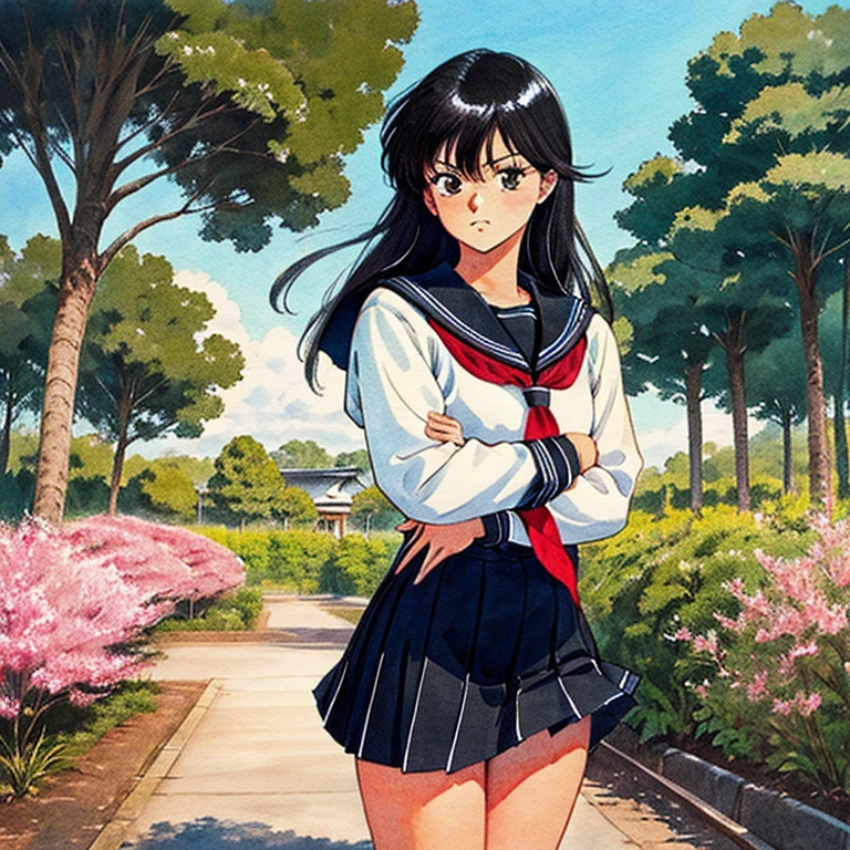 (((((solo)))))), 1 girl, beautiful girl, sharp eyes, black hair, very long hair, straight bangs, black uniform, (((((black serafuku))))), (black sailor uniform), long sleeves, red tie sailor collar, thick thighs, wide hips, big breasts, big , great figure, road, forest, sakura trees, praying in a japanese temple, serious, arrogant, crossed arms, visible white panties, wind, painting \(medium\), retro artstyle, traditional media, watercolor \(medium\), 1980s \(style\)