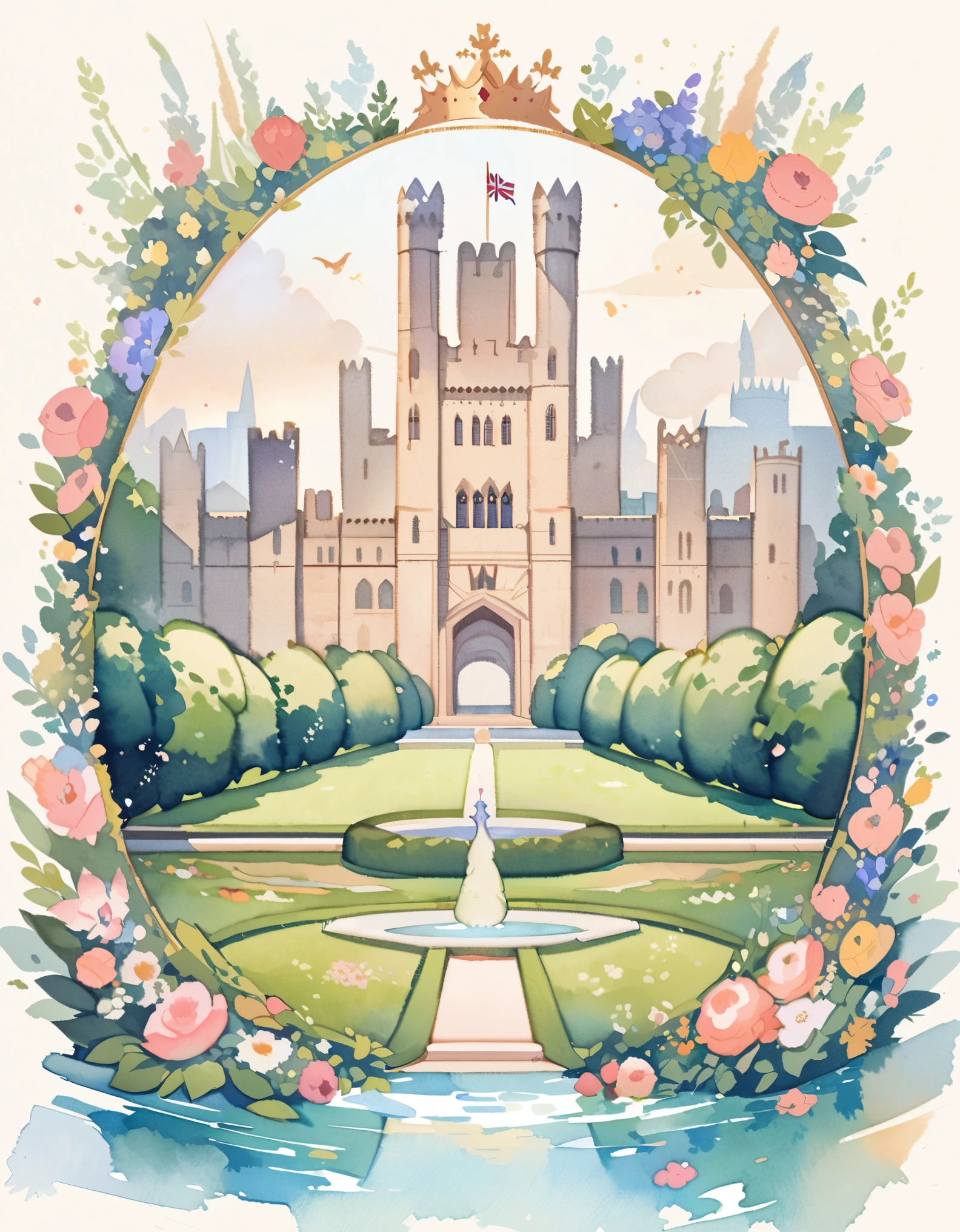 Windsor Castle, The official royal residence of the British monarch, Silent Palace, Castles in England, Watercolor:1.2, Whimsical and delicate, Like an illustration in a children&#39;s book, Gentle brushwork, Dim, The pale colors create a fantastical look.