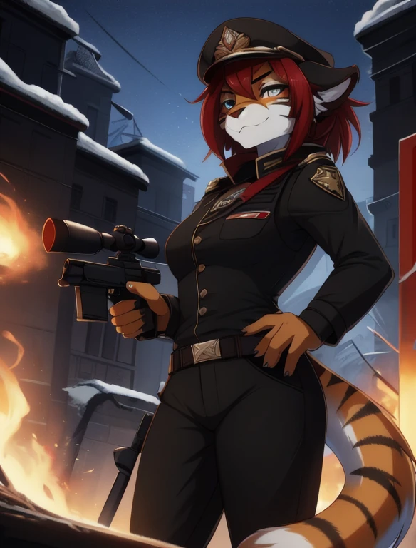 by Dagassi, and  black плащ, holding the sniper rifle，sniper，demon tail, Warhammer_40 thousand_Commissar,((masterpiece)), (Best quality), (detailed), Black uniform, mascara, Eyeliner, eyeshadow, Upper body, pomade, женщина anthro furry tiger, Propaganda poster, wicked, bristle, (8k contract, masterpiece, Best quality, High quality, absurdity, ultra-detailed)