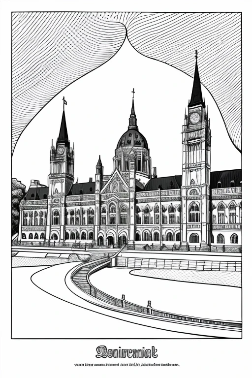 a cartoonish parliament of USA coloring page for adults, whimsical design, crisp line art, detailed without background, black and white, ink outlines, --no shading