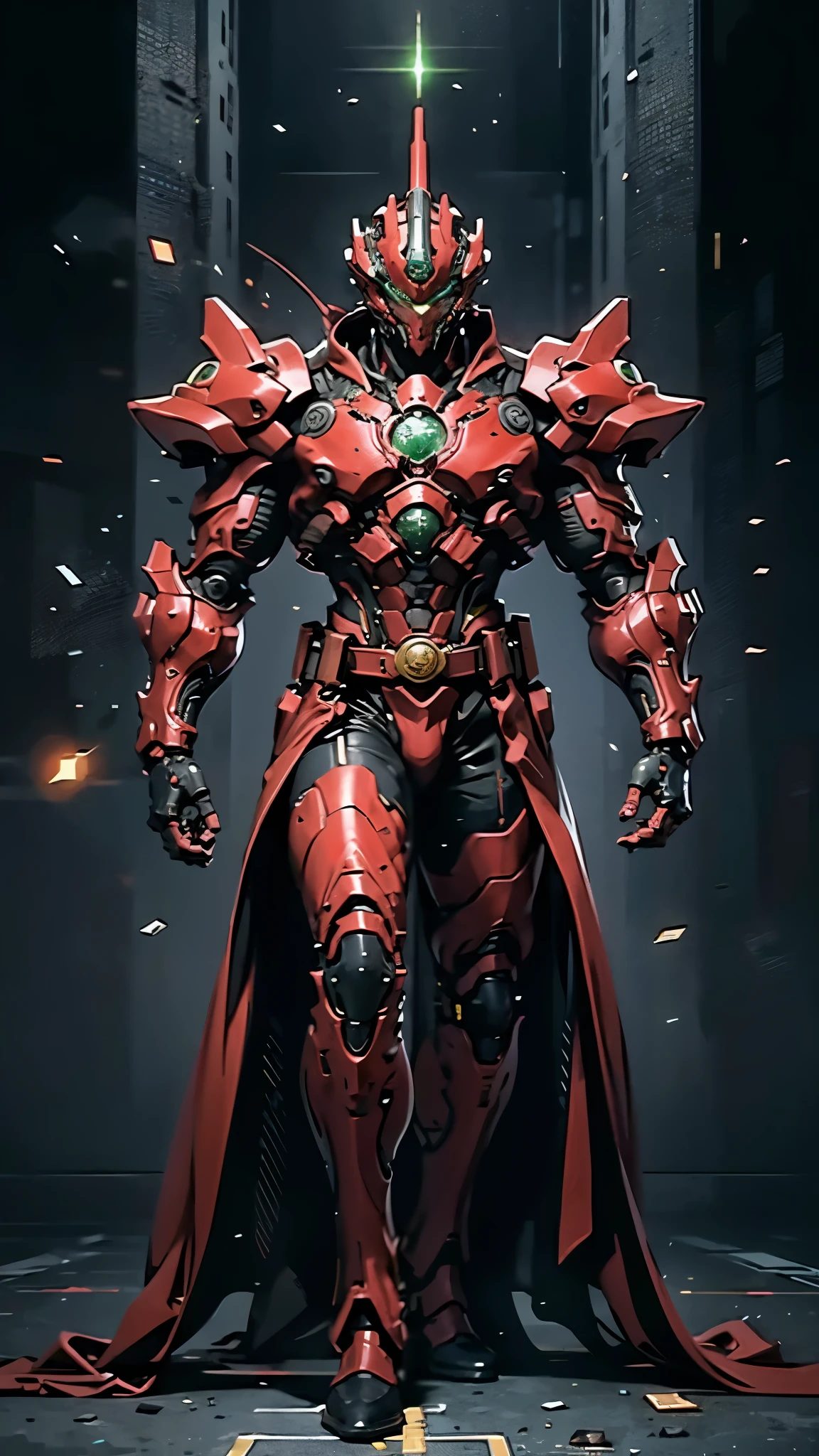 A man wearing a full-face helmet, a fantasy-style biotech armored combat suit, green eyes, (a composite layered chest armor), fully enclosed shoulder guards, matching arm and leg guards, the belt is adorned with exhaust pipes, (the color scheme is primarily black glow with green and red accents), the design balances heavy with agility, a high-tech bio-mecha armor, (Armor Concept Inspired by Cyberpunk motorcycle, stand on the top of a skyscraper in a futuristic sci-fi city), this character embodies a finely crafted fantasy-surreal style armored hero in anime style, exquisite and mature manga art style, (battle damage, element, plasma, energy, the armor glows), ((male:1.5)), metallic, real texture material, dramatic, high definition, best quality, highres, ultra-detailed, ultra-fine painting, extremely delicate, professional, perfect body proportions, golden ratio, anatomically correct, symmetrical face, extremely detailed eyes and face, high quality eyes, creativity, RAW photo, UHD, 32k, Natural light, cinematic lighting, masterpiece-anatomy-perfect, masterpiece:1.5