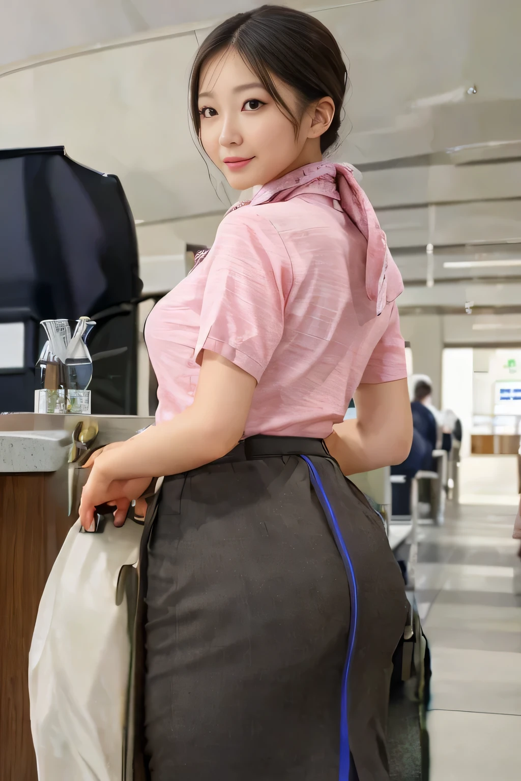 masterpiece:1.2、highest quality:1.2)、32K HDR、High resolution、(alone、1 girl、Slim figure)、（Young Asian Woman）、（Realistic style wearing the ANA cabincrew uniform）、 (At the airport entrance, Professional Lighting)、A proper woman, Beautiful Face、（ANA cabincrew uniform）、（Short sleeve pink blouse）、（（The ANA cabincrew uniform has a blue line on the back of the skirt.））、（Scarf around the neck）、Big Breasts、（Long hair updo、Chignon）、Dark brown hair、Long Shot、（（Fine hand：2.0））、（（Harmonious body proportions：1.5））、（（Normal limbs：2.0））、（（Normal finger：2.0））、（（Delicate eyes：2.0））、（（Normal eyes：2.0））)、（（Looking back at the face from behind））、smile