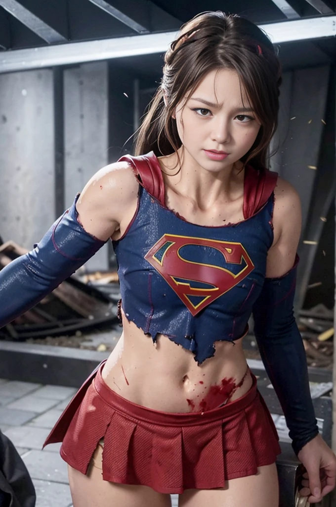 best quality,masterpiece,Ultra HD, Super detailed, 8K,(Beautiful woman),(一人のBeautiful woman),((suffering:1.5)),((cross)),(execute),((incontinence)),scared,,,((crossにsufferingにされた女性:1.5)),suffering刑,((Super Girl)),Blue Suit,Superman logo on chest,Red Skirt,((torn clothing:1.5)),((Clothes torn:1.5)),(Ragged clothes),((There are bruises on the body)),Scars on the body,Injuries to the face and body,(contusion, dirty, Torn clothes, Revealing clothes, Blood:1.3),Defeat the heroine,a devastated world,ruins,abandoned building,(burned at the stake),((roast on fire:1.2))