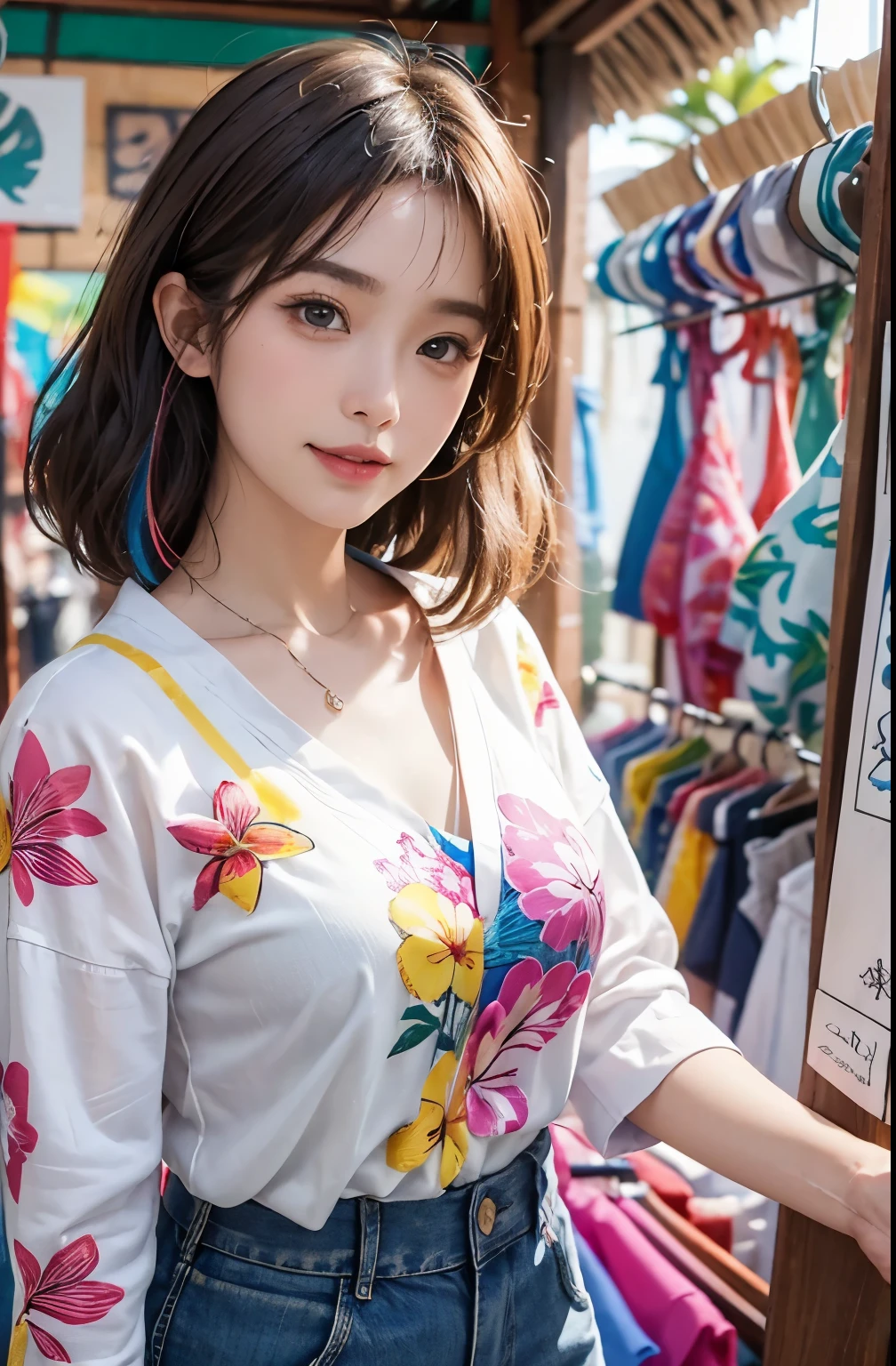 ((highest quality、8k、masterpiece:1.3))、Sharp focus:1.2、(Realistic、Photorealistic:1.37)、((Beautiful smile))、Focus on the viewer、Woman with beautiful face、(((32 years old)))、Pointed Chest、Long eyelashes、Colored Contact Lenses、big 、Delicate、Very fine grain、Very fine eyebrows、（Sharp eyebrows）、（Thin eyebrows）、Very very very detailed face、((Brunette short messy hair)),Dressed、Detailed Background(8k、masterpiece、highest quality、Raw photo)

(((In a shop with a tropical resort atmosphere of Bali、(Choosing colorful clothes from hangers:1.3)Please draw a Japanese woman:1.3)))背景には木製のディスプレイラックbutあり、Colorful batik and sarongs、サンダルなどbut飾られています。ショップの外には南国の緑豊かな庭but見え、Palm trees and vibrant flowers々but咲き誇っています。

She is clean(She is wearing a white blouse and a denim skirt:1.3)but、I am looking at bright and colorful tropical clothing.。Her expression is joyful、His eyes were wide open in a bit of surprise.、A gentle smile on her lips。

Her mannerisms are relaxed.、She is holding a batik dress in her left hand and gently stroking it with her right hand.。背景には他の観光客や店員but見られ、The shop is filled with bright natural light.。
